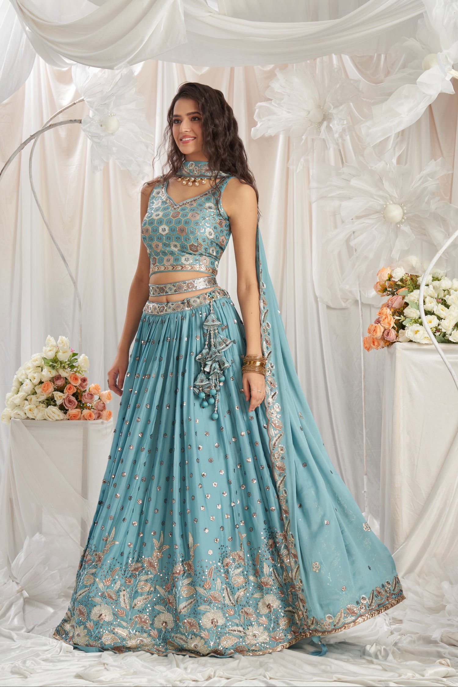 Turquoise Blue Georgette Lehenga with Sequins &amp; Thread Embroidery