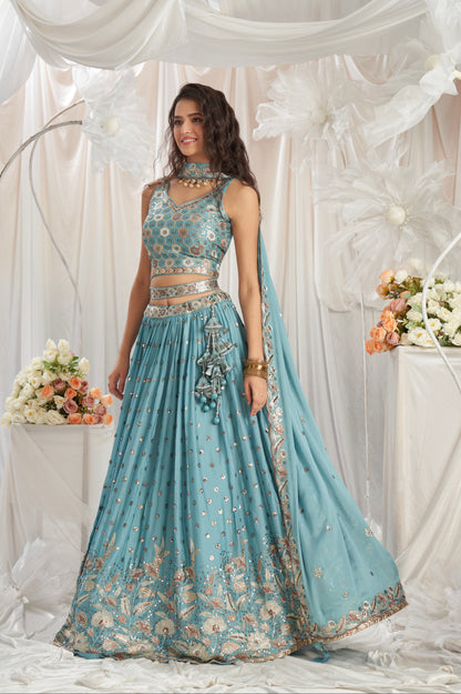 Turquoise Blue Georgette Lehenga with Sequins &amp; Thread Embroidery