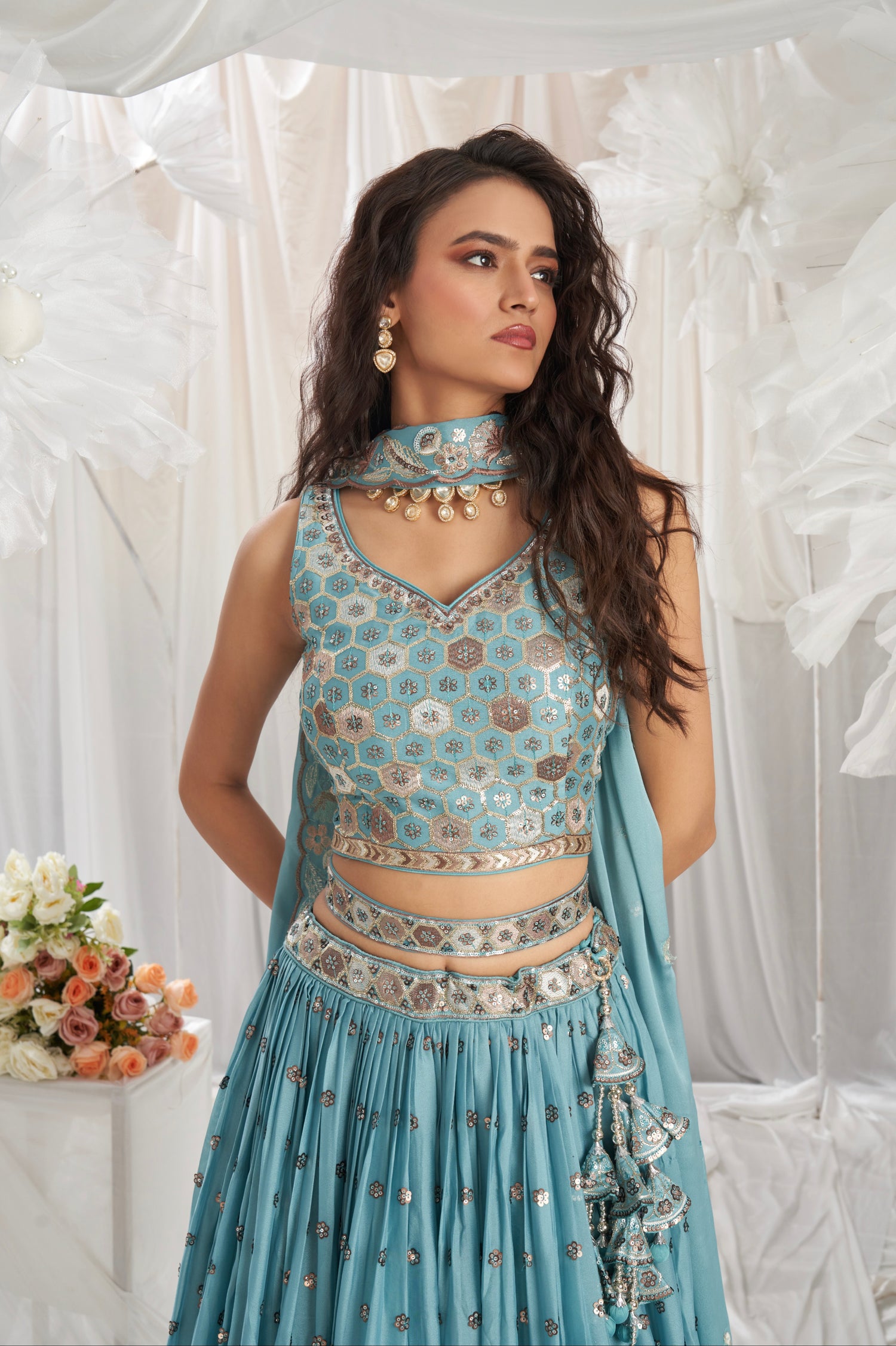 Turquoise Blue Georgette Lehenga with Sequins &amp; Thread Embroidery