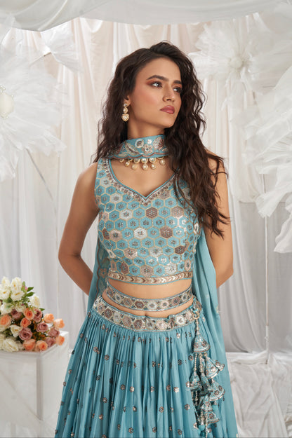 Turquoise Blue Georgette Lehenga with Sequins &amp; Thread Embroidery