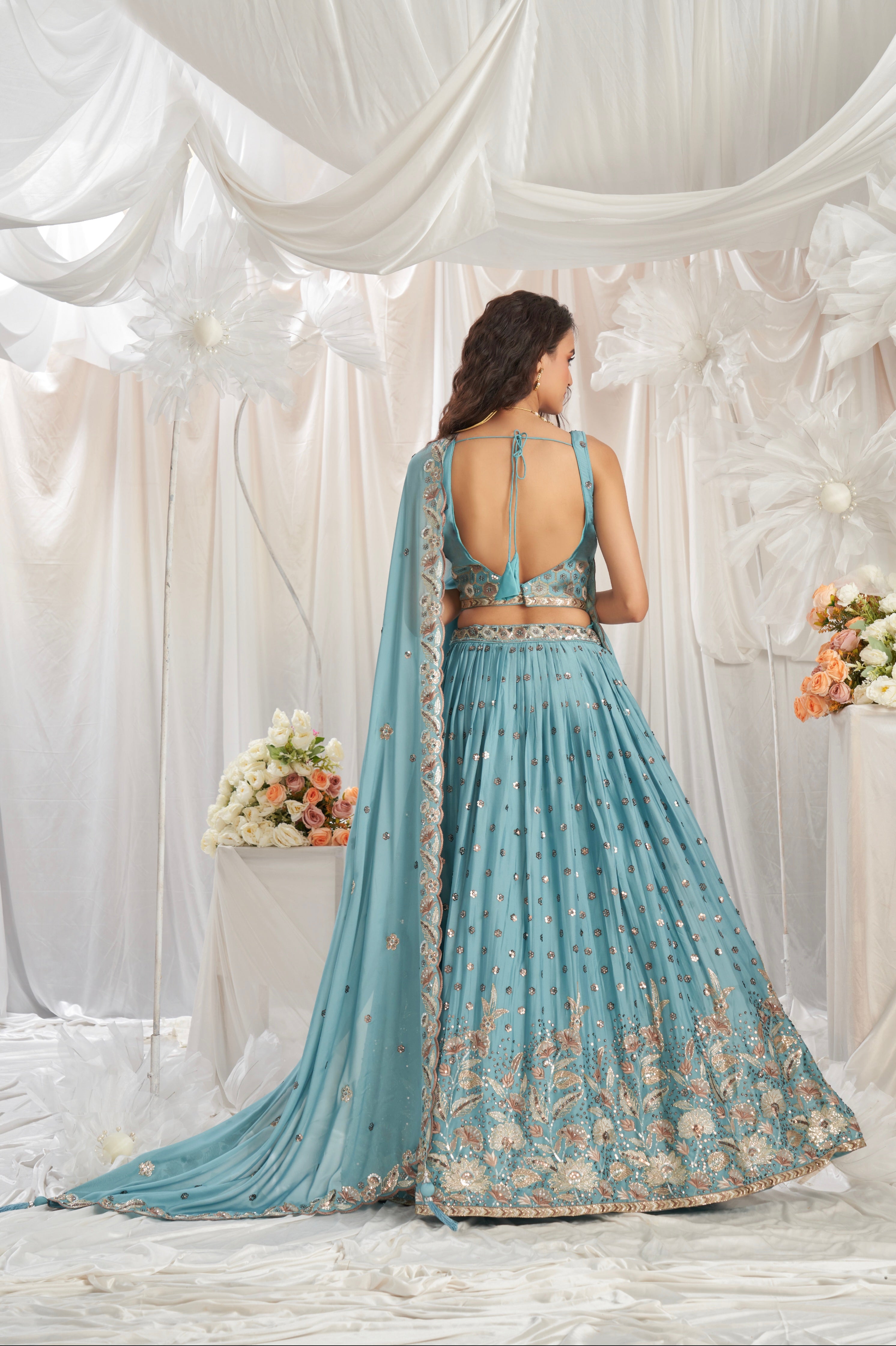 Turquoise Blue Georgette Lehenga with Sequins &amp; Thread Embroidery