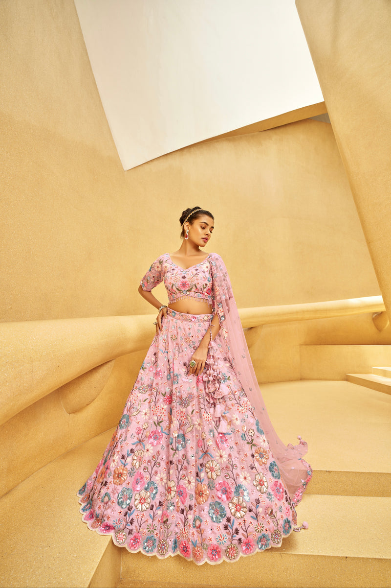 Pink Organza Bridal Lehenga with Zarkan, Sequins, and Mirror Work
