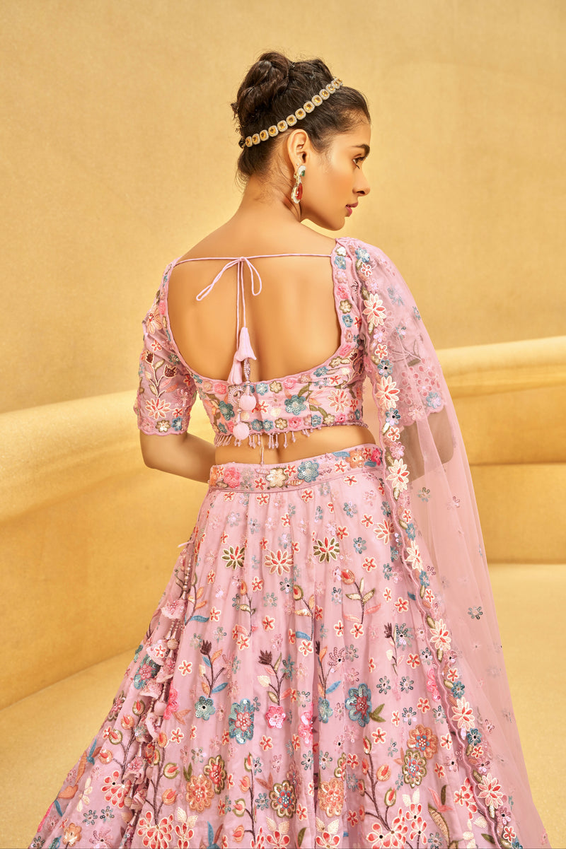 Pink Organza Bridal Lehenga with Zarkan, Sequins, and Mirror Work