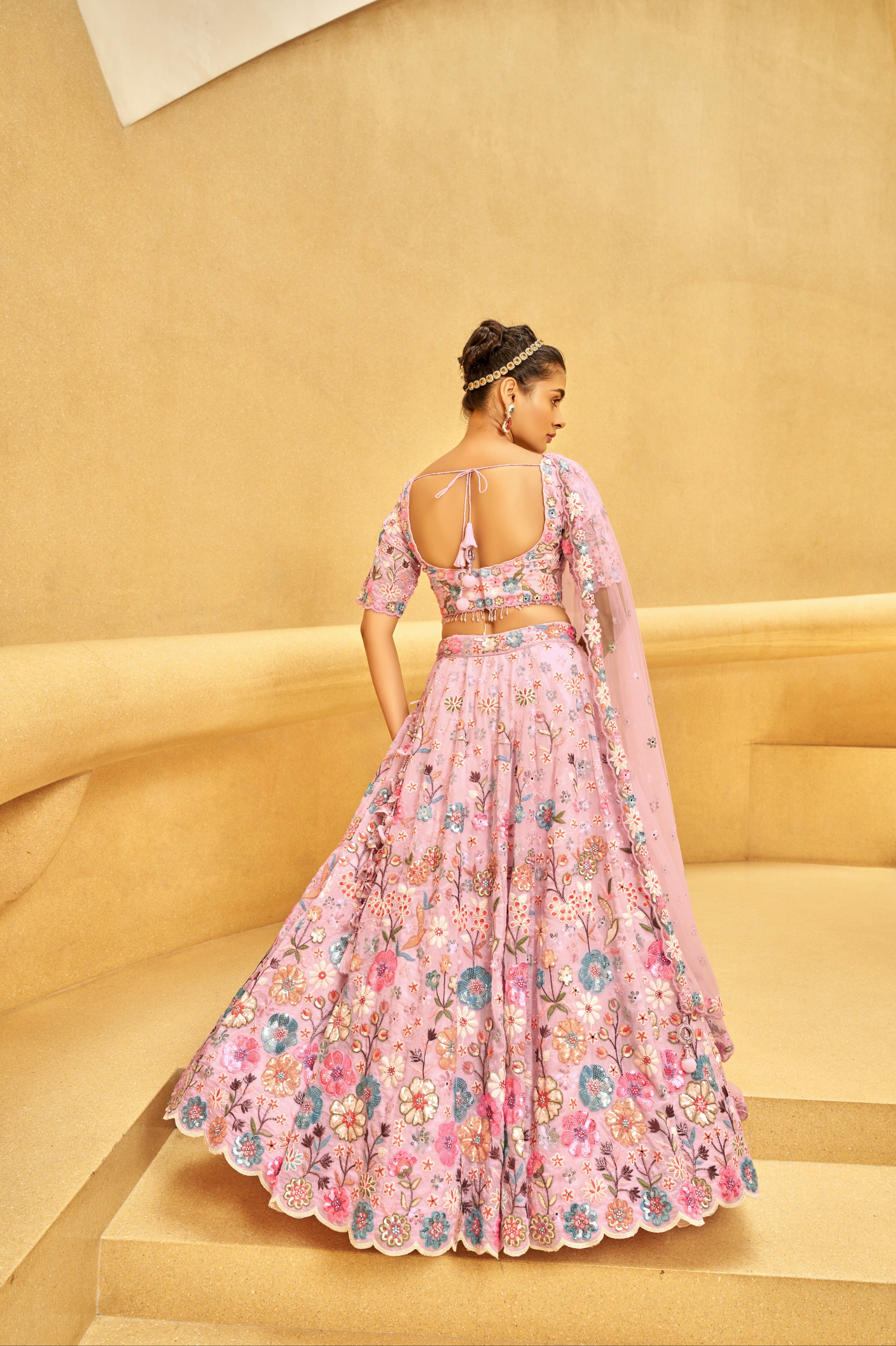 Pink Organza Bridal Lehenga with Zarkan, Sequins, and Mirror Work