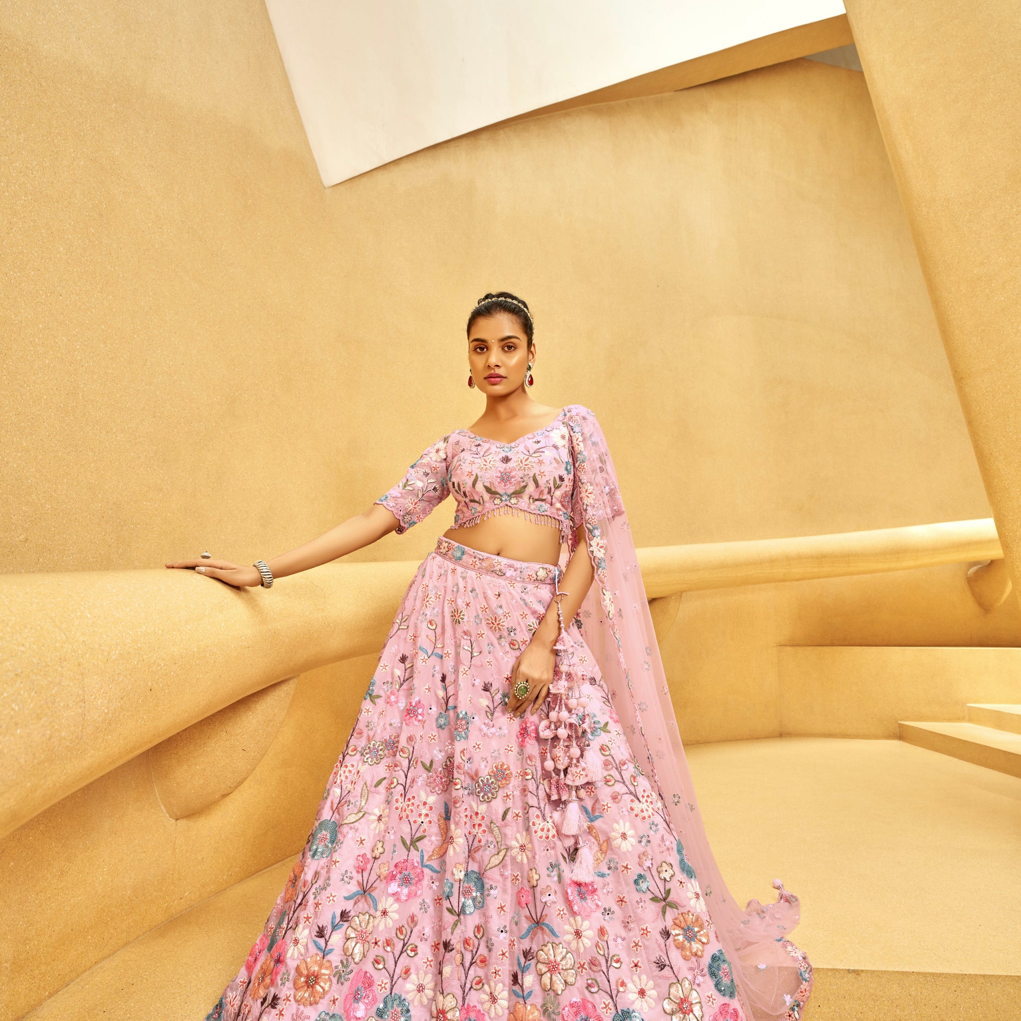 Pink Organza Bridal Lehenga with Zarkan, Sequins, and Mirror Work