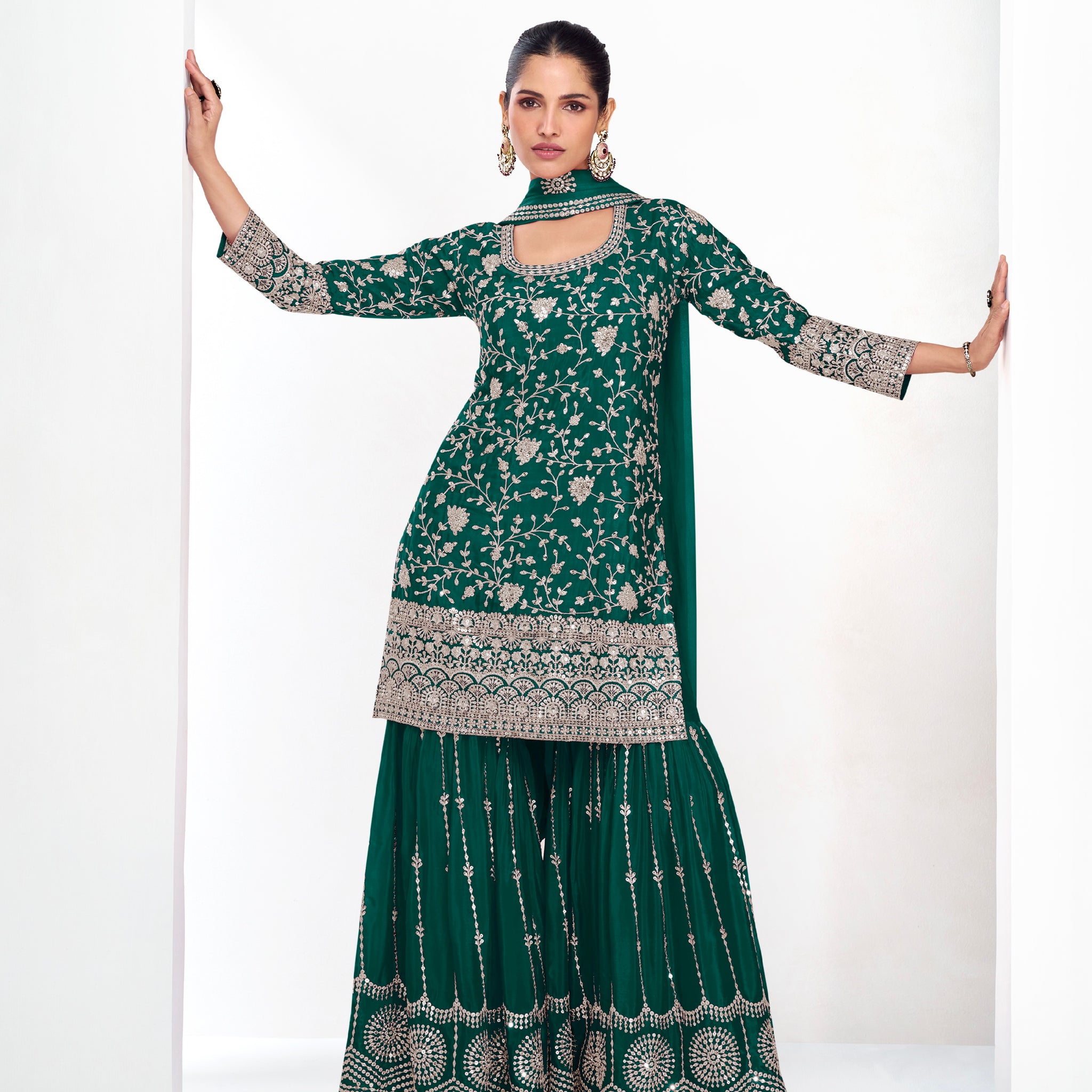 Deep Green Chinnon Silk Palazzo Suit with Heavy Embroidery
