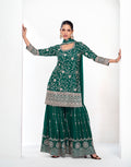 Deep Green Chinnon Silk Palazzo Suit with Heavy Embroidery