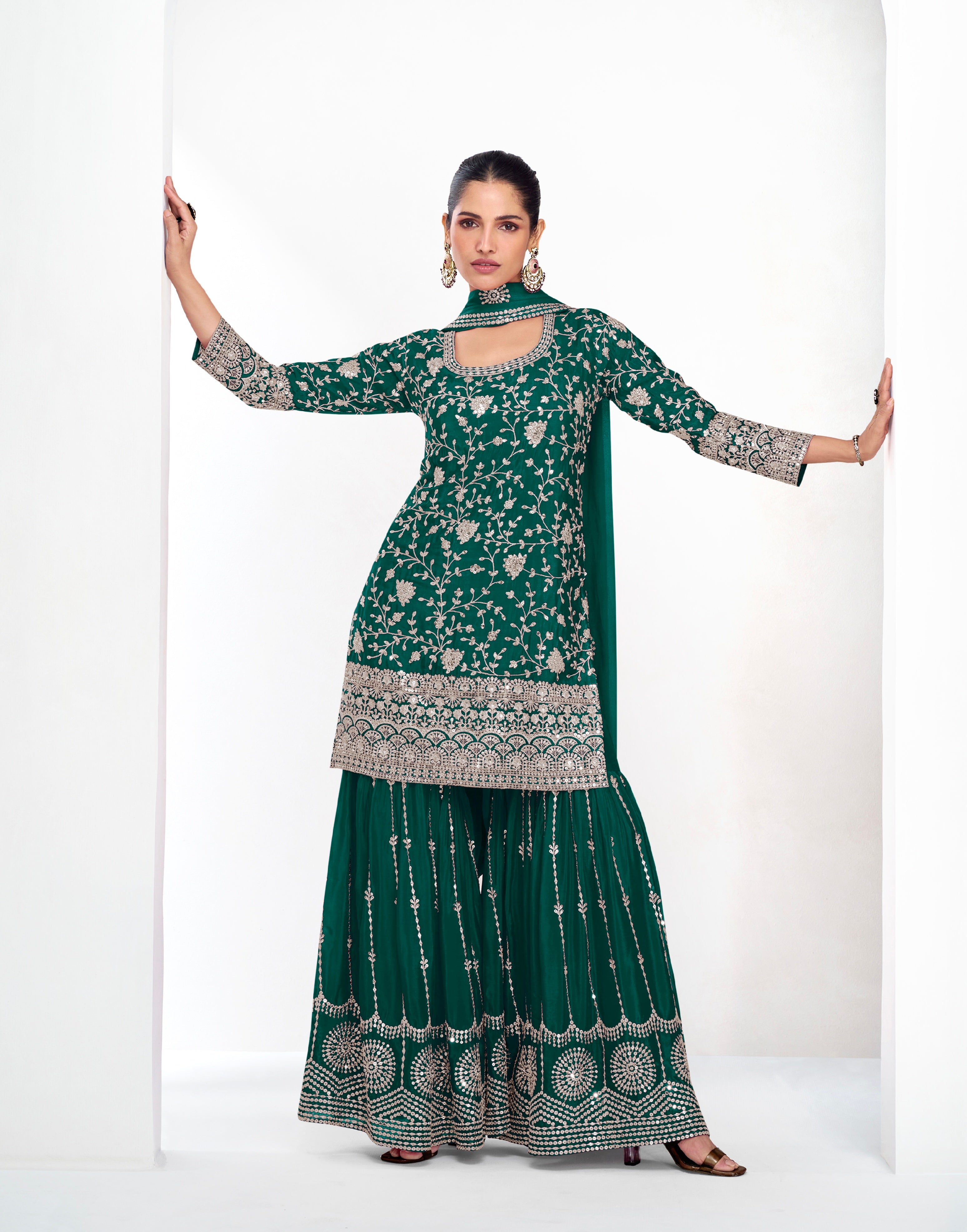 Deep Green Chinnon Silk Palazzo Suit with Heavy Embroidery