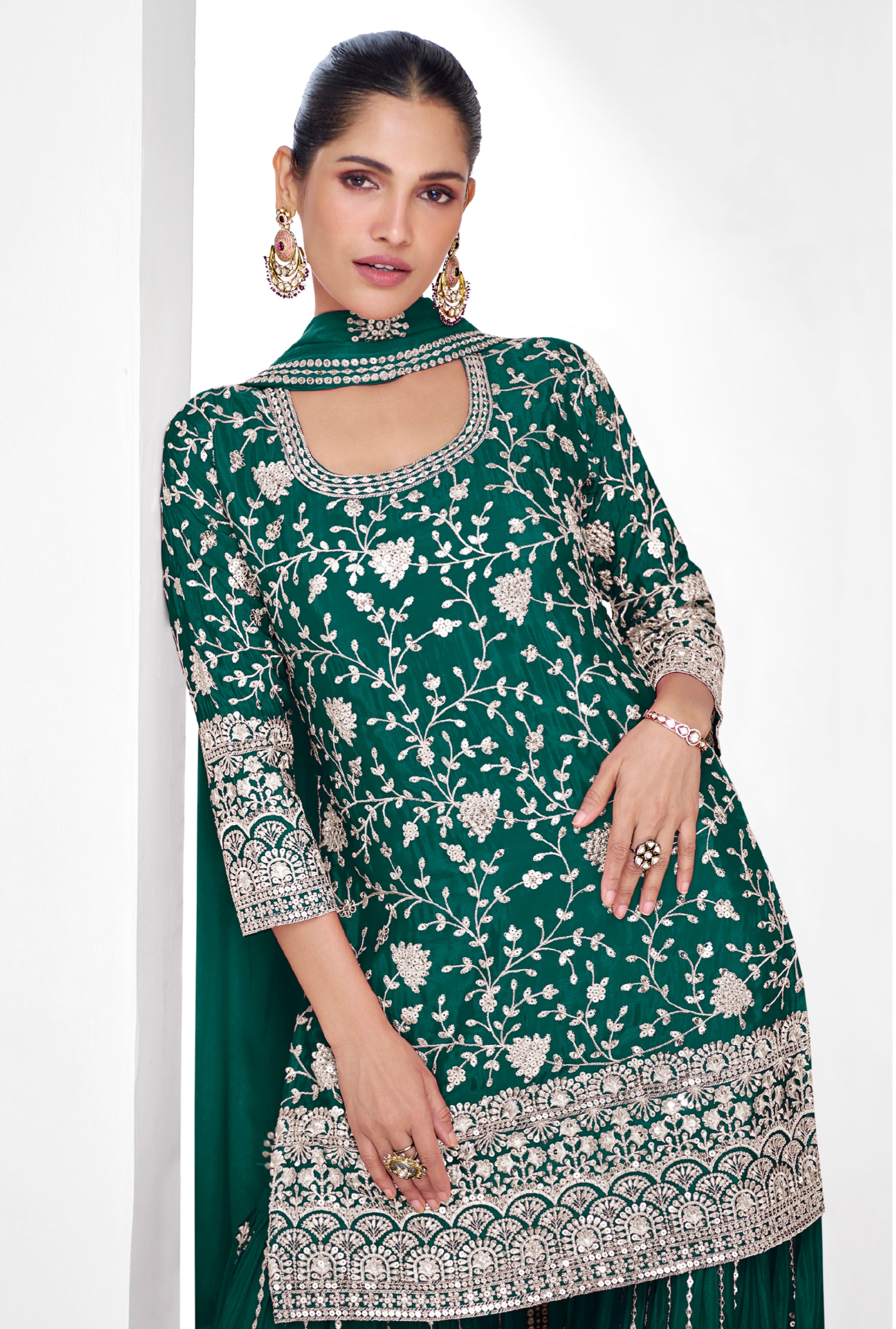 Deep Green Chinnon Silk Palazzo Suit with Heavy Embroidery
