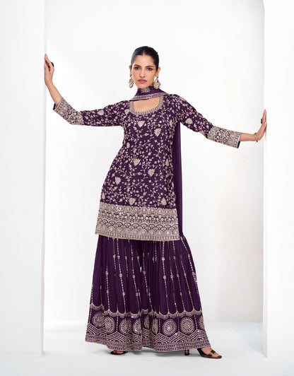 Purple Chinnon Silk Palazzo Suit with Rich Embroidery