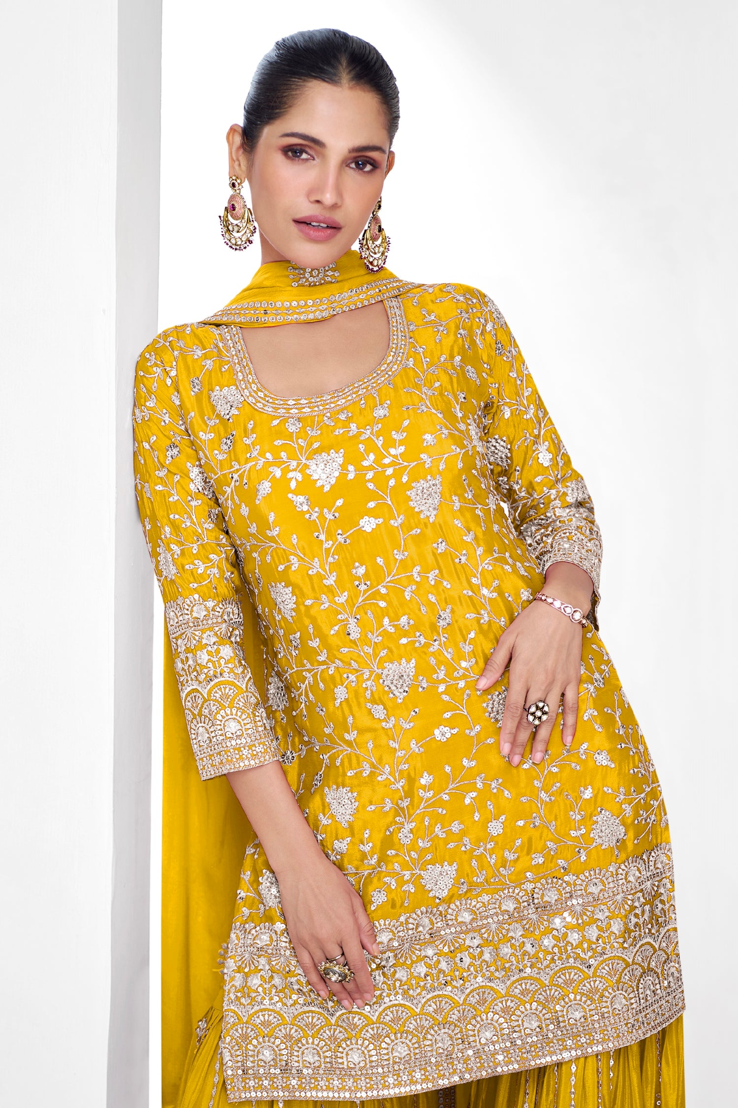 Mustard Yellow Premium Chinnon Silk Palazzo Suit