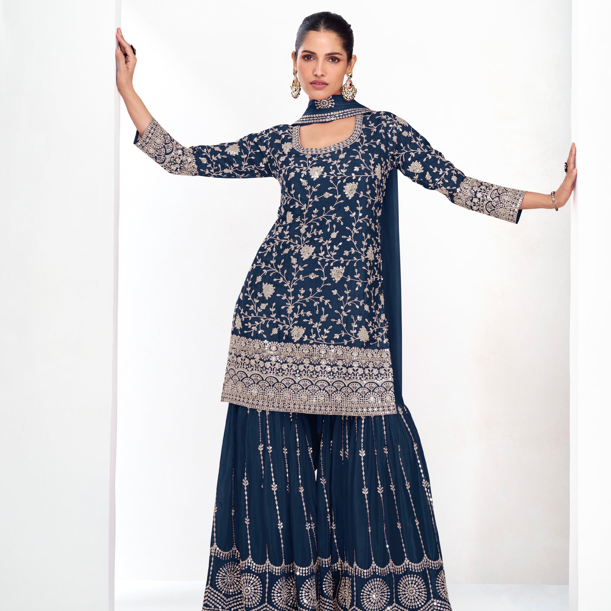 Navy Blue Premium Chinnon Silk Palazzo Suit with Rich Embroidery