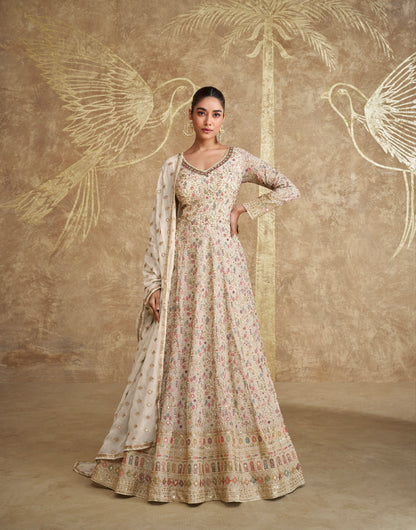 Off-White Georgette Embroidered Floral Anarkali with Dupatta