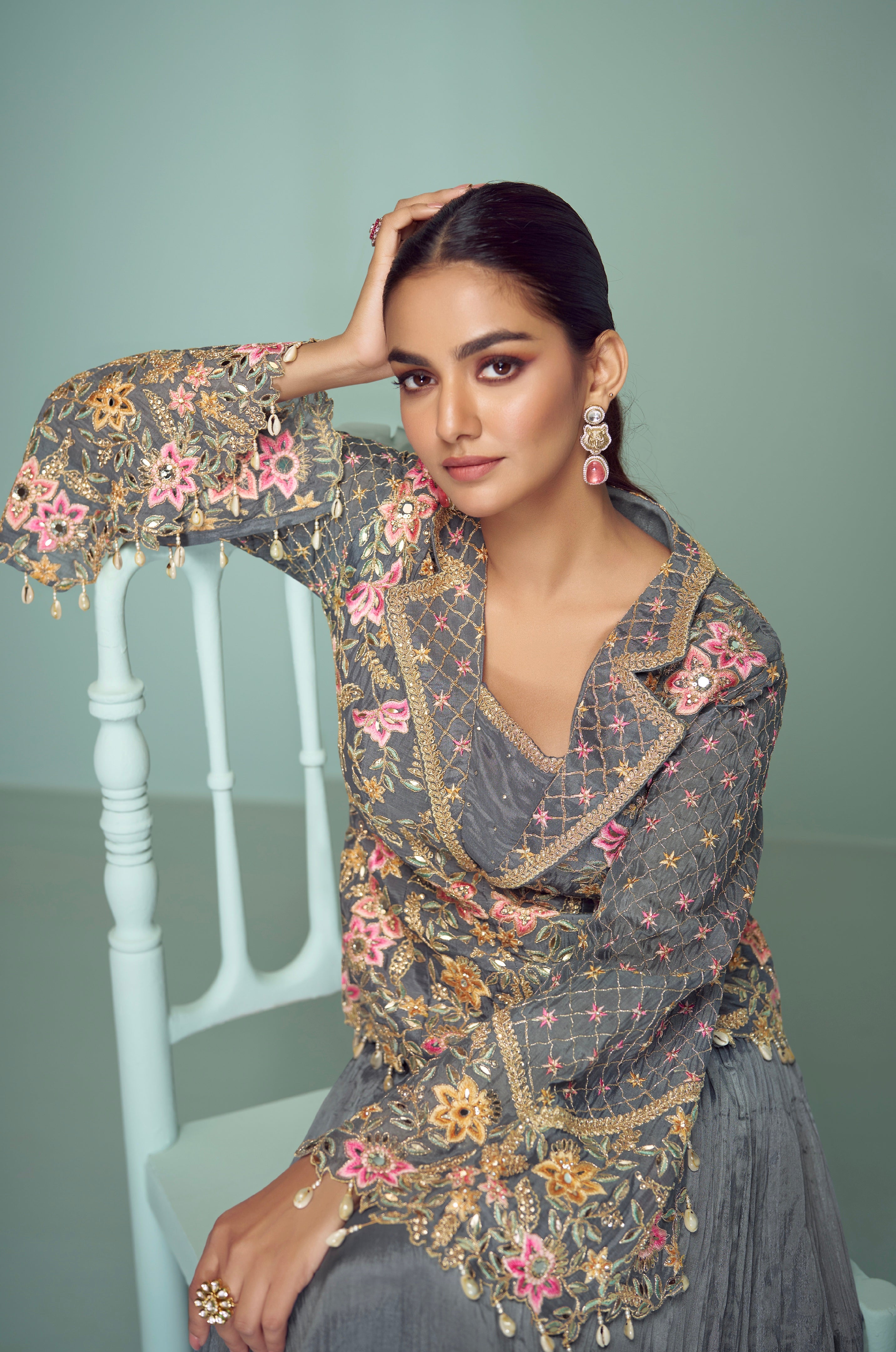 Slate Grey Sharara Suit with Intricate Embroidery