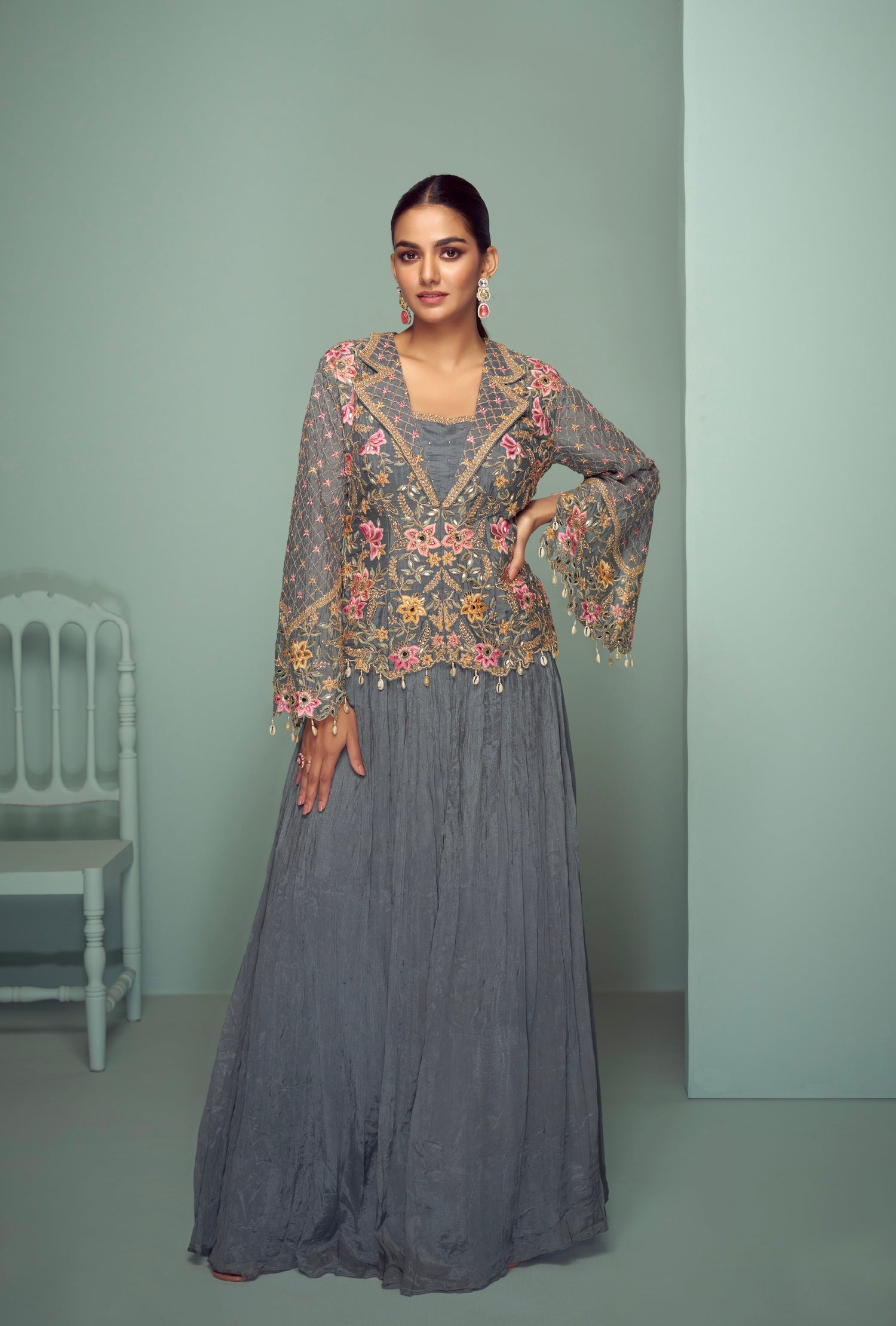 grey sharara dress Slate Grey Sharara Suit with Intricate Embroidery