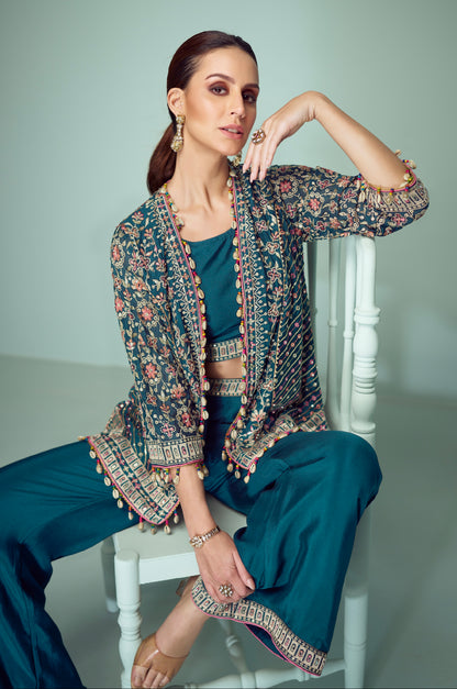 Teal Palazzo Suit with Multicolor Embroidery &amp; Tassel Lace