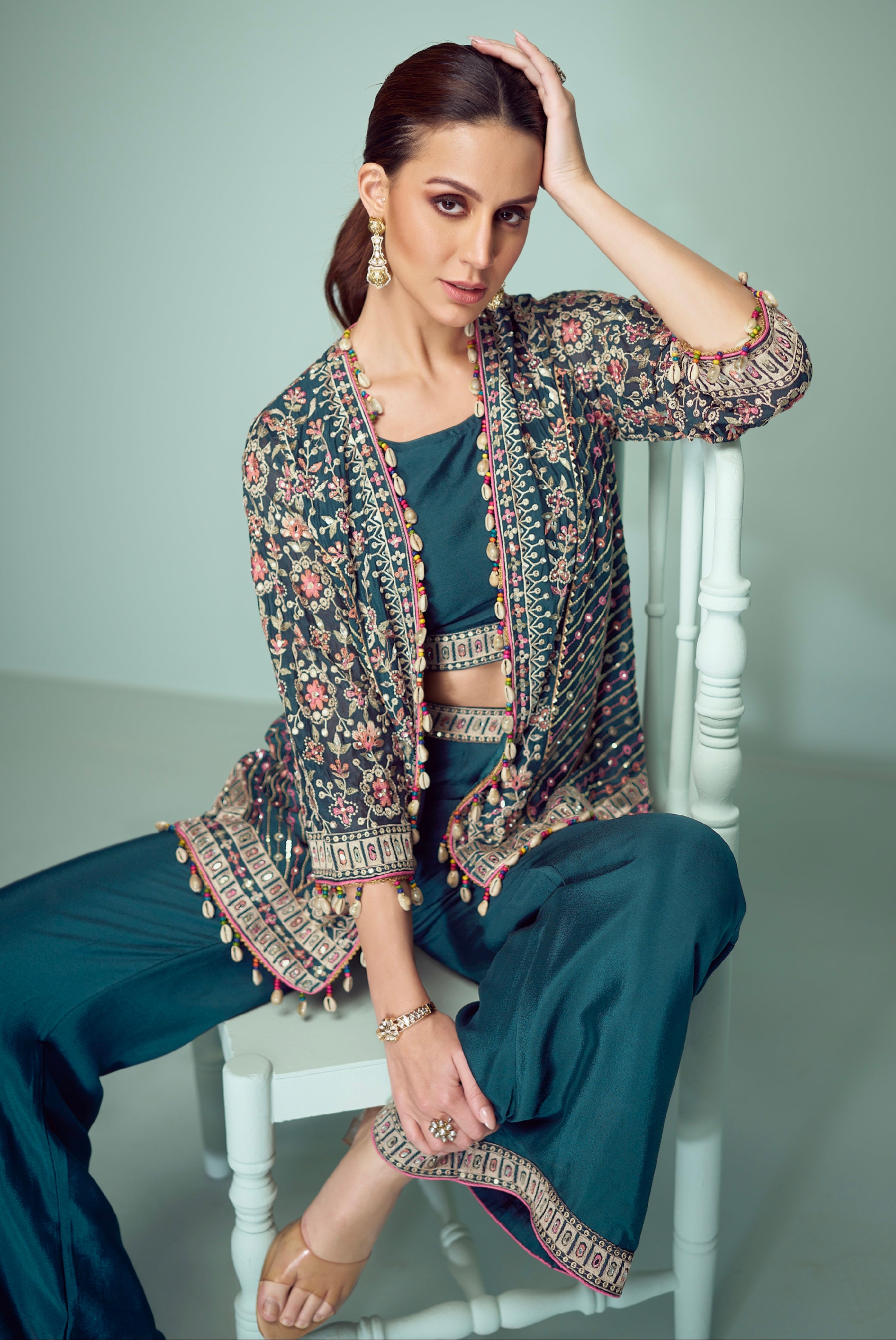 Teal Palazzo Suit with Multicolor Embroidery &amp; Tassel Lace
