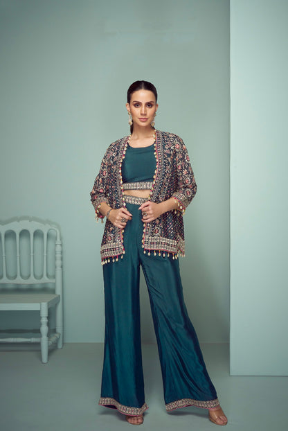 Teal Palazzo Suit with Multicolor Embroidery &amp; Tassel Lace