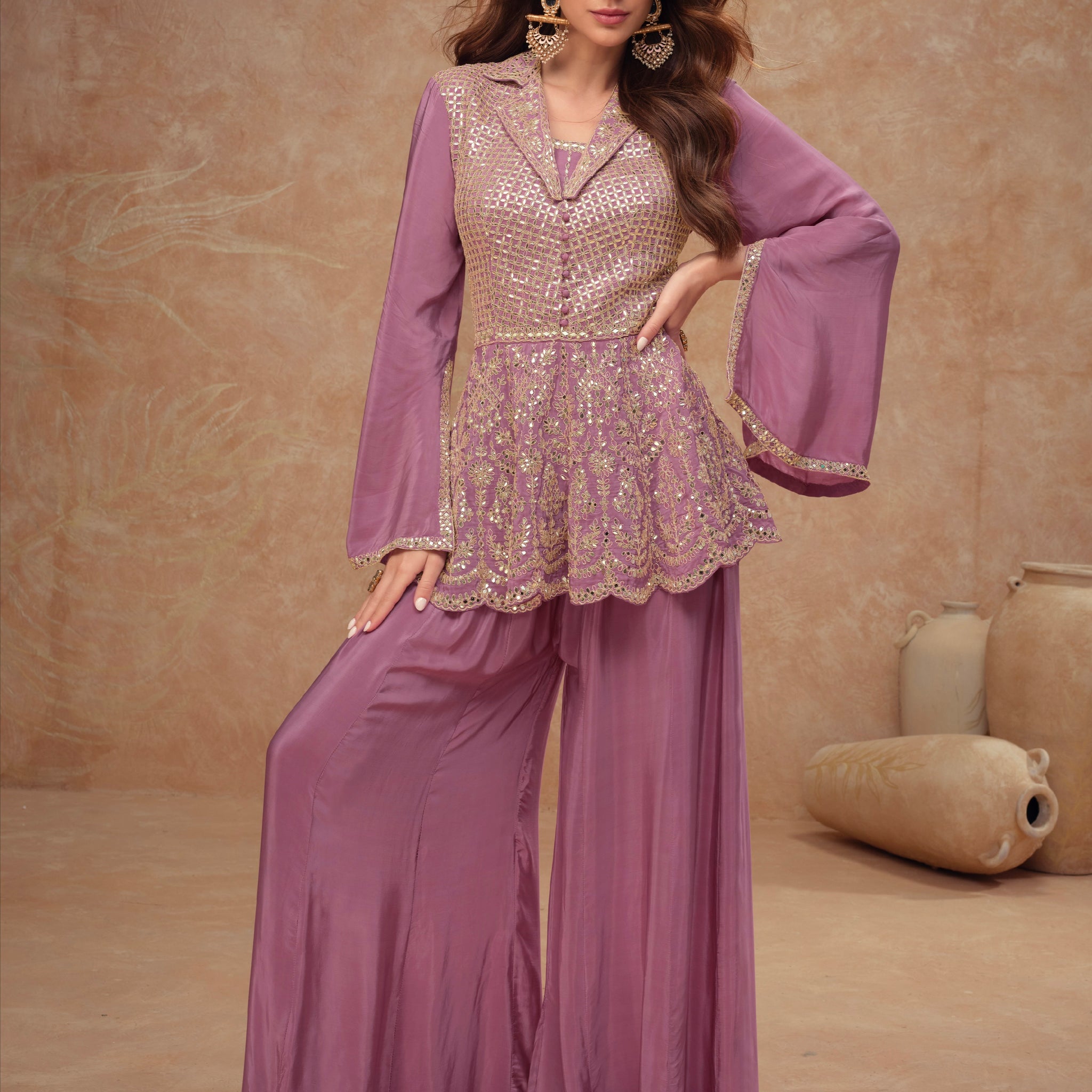 Lavender Embroidered Sharara Suit Set in Real Chinon