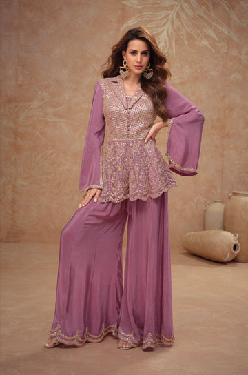 Lavender Embroidered Sharara Suit Set in Real Chinon