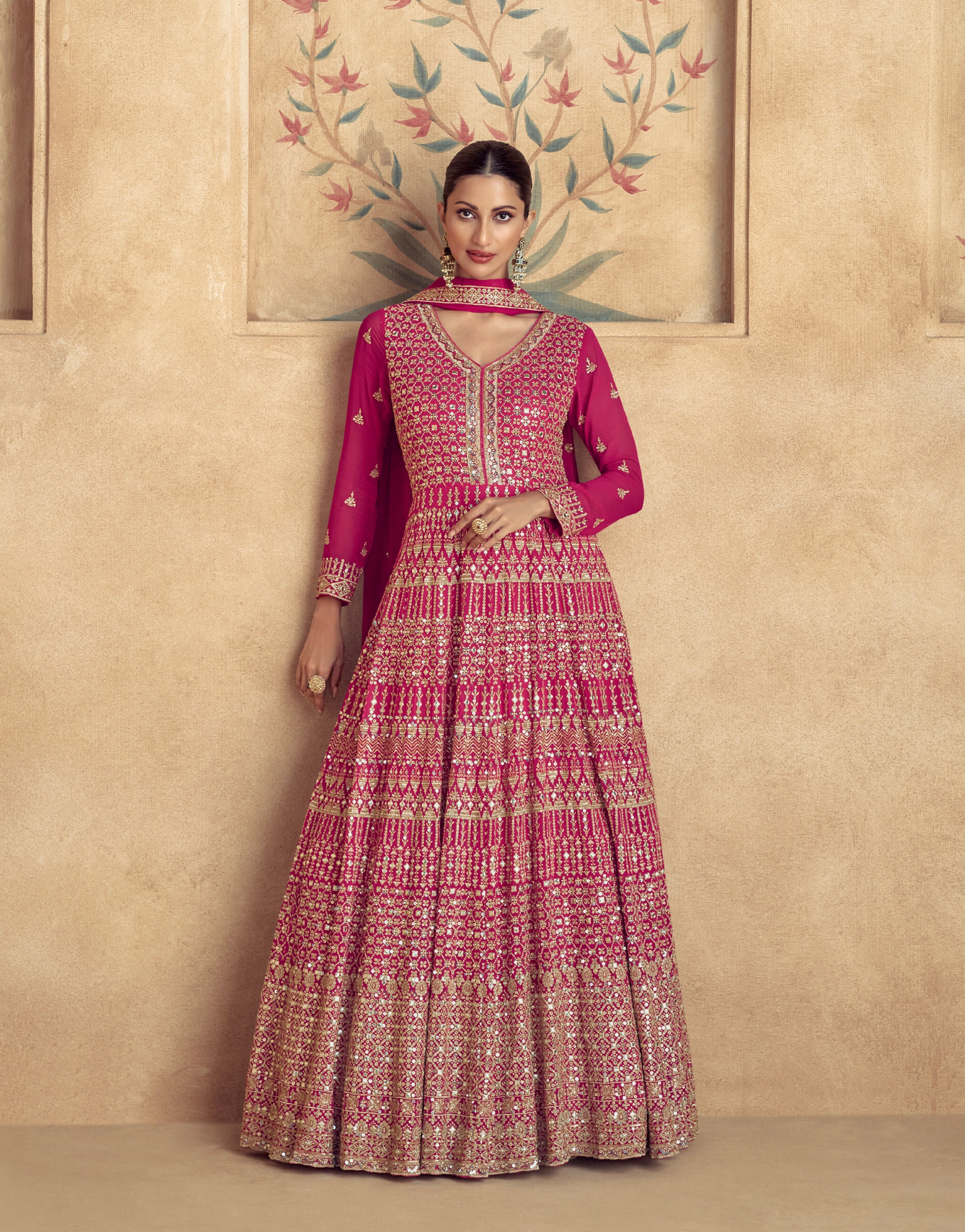 Majestic Pink Embroidered Georgette Anarkali Suit with Dupatta