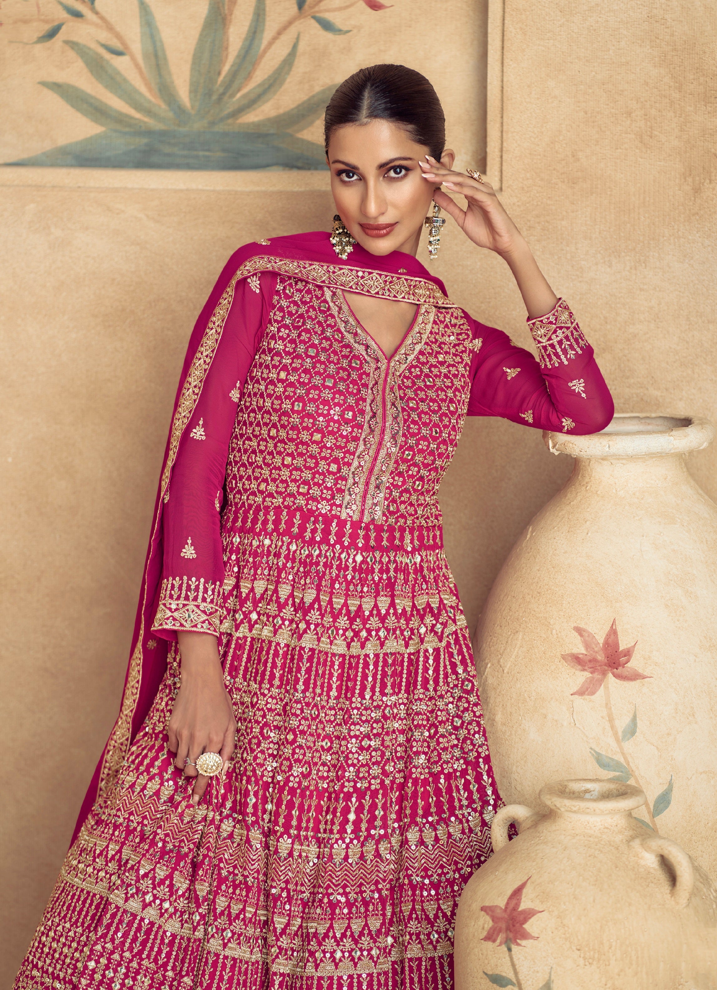 Majestic Pink Embroidered Georgette Anarkali Suit with Dupatta