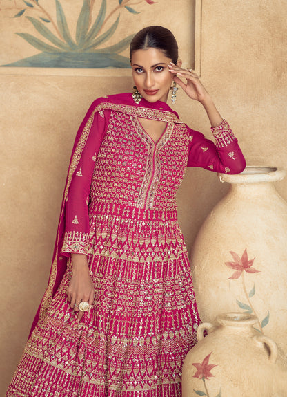 Majestic Pink Embroidered Georgette Anarkali Suit with Dupatta