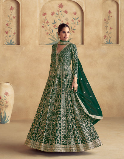 Regal Green Embroidered Georgette Anarkali Suit with Dupatta