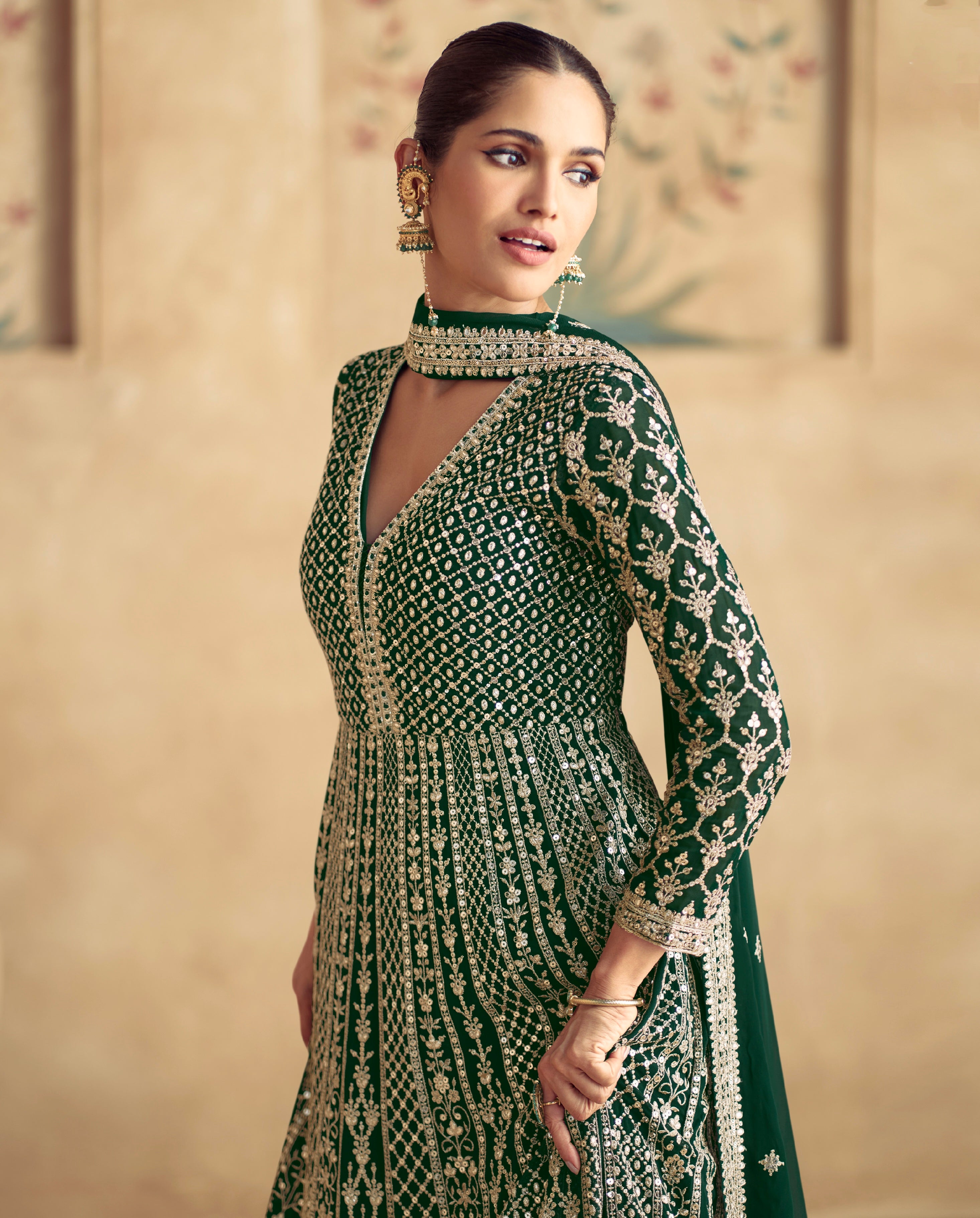 Regal Green Embroidered Georgette Anarkali Suit with Dupatta