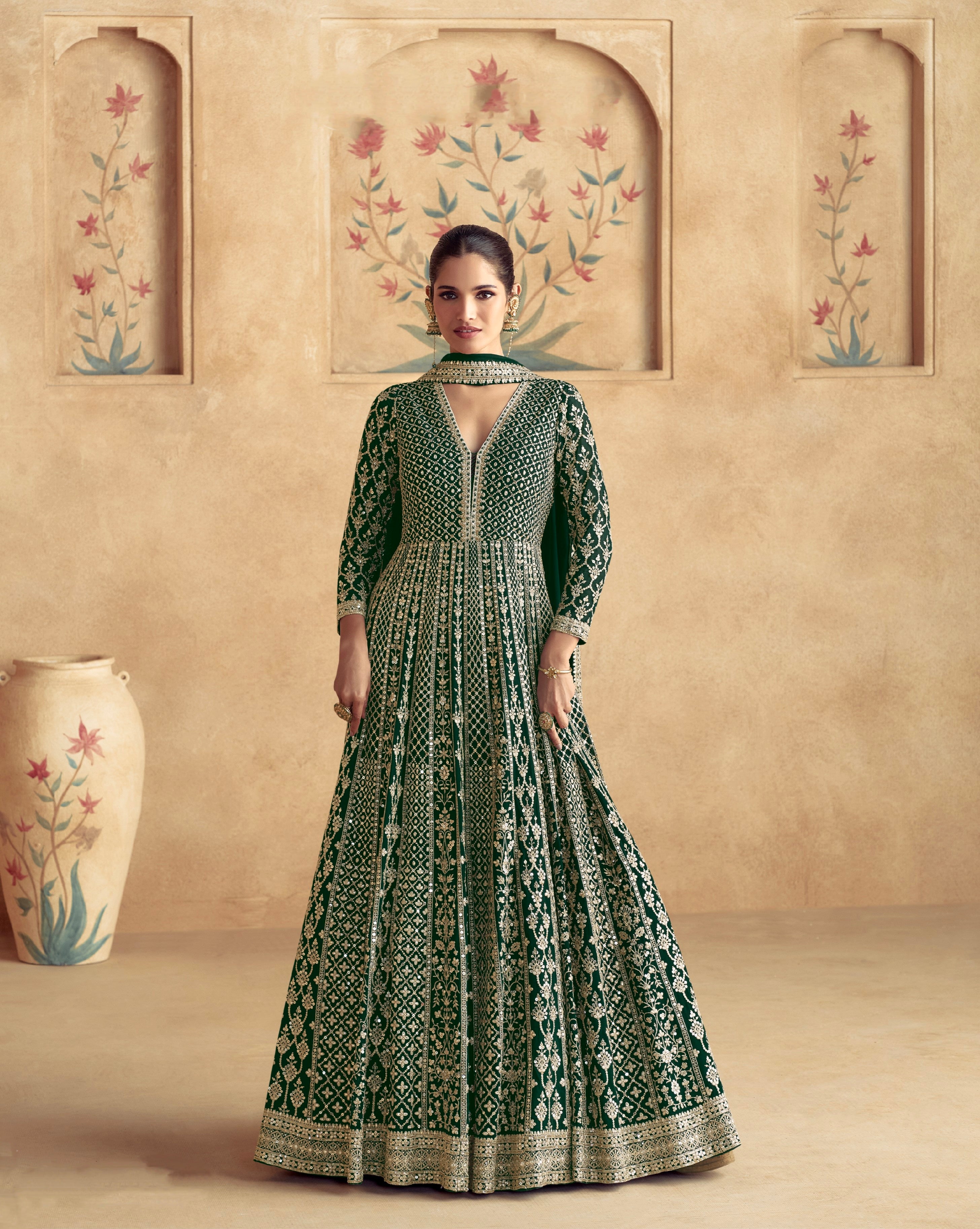 Regal Green Embroidered Georgette Anarkali Suit with Dupatta