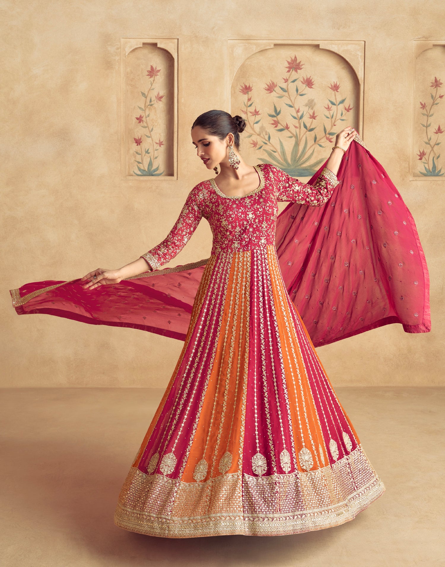 Red &amp; Orange Embroidered Georgette Anarkali Suit with Dupatta