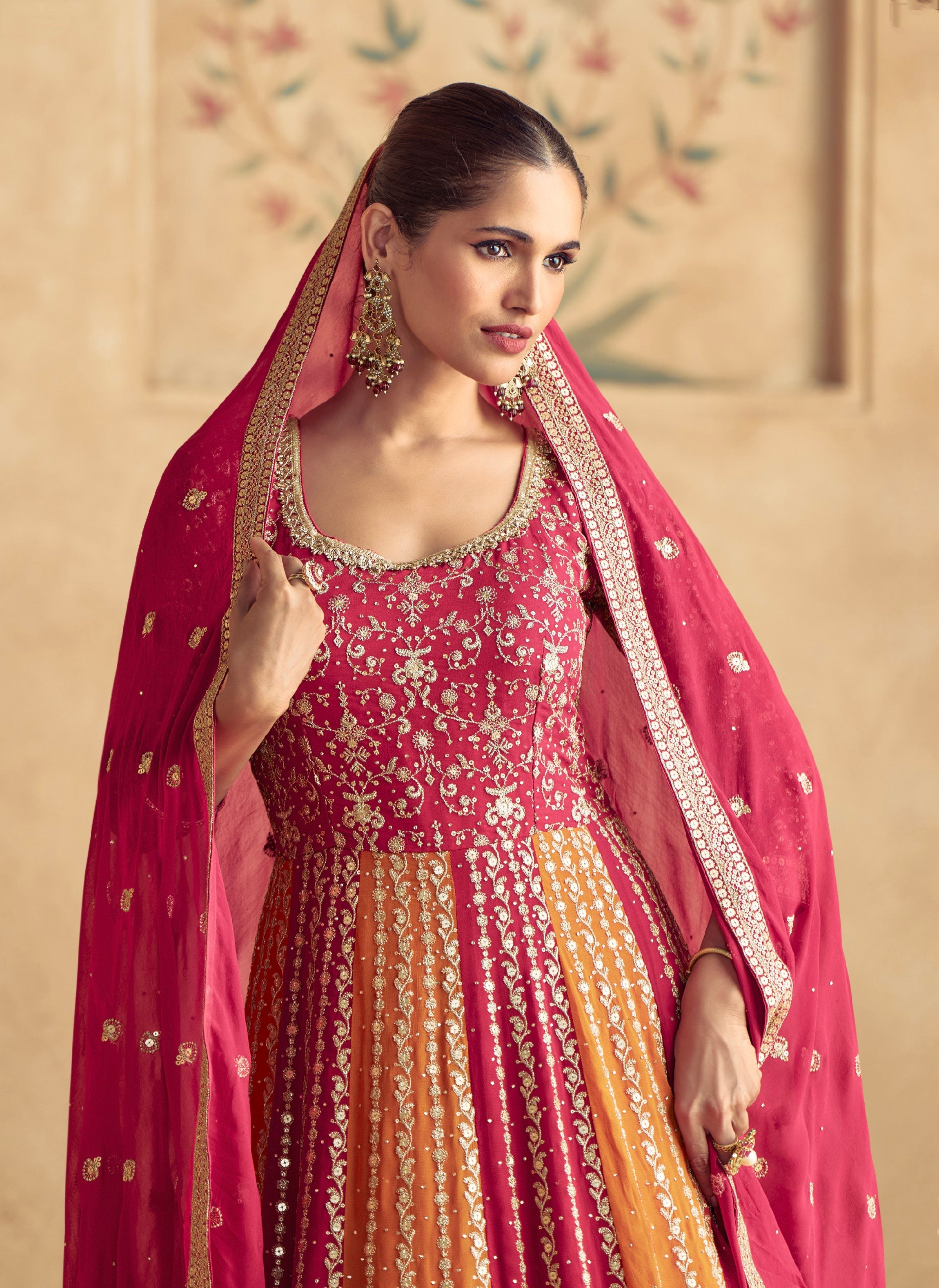 Red & Orange Embroidered Georgette Anarkali Suit with Dupatta