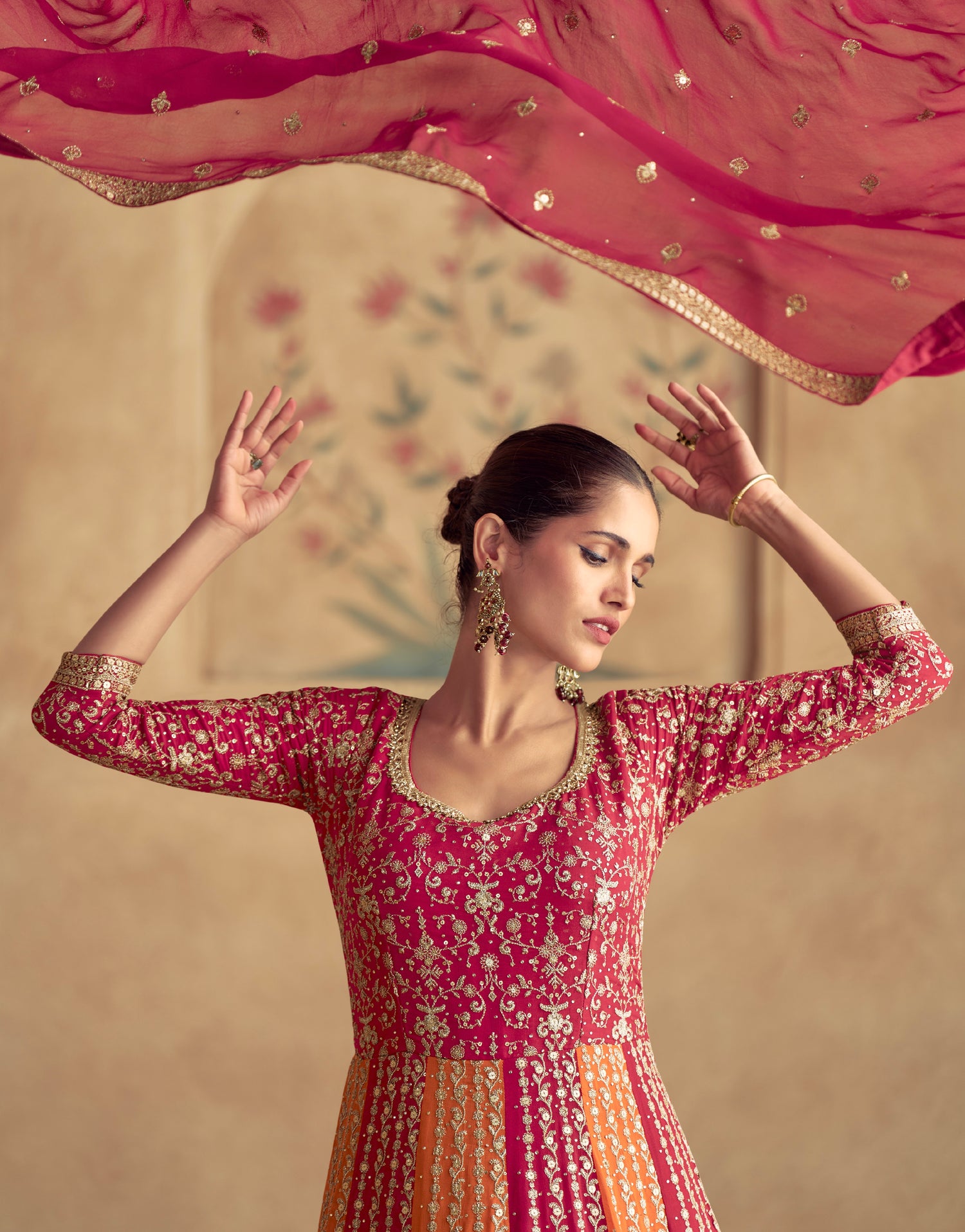 Red &amp; Orange Embroidered Georgette Anarkali Suit with Dupatta