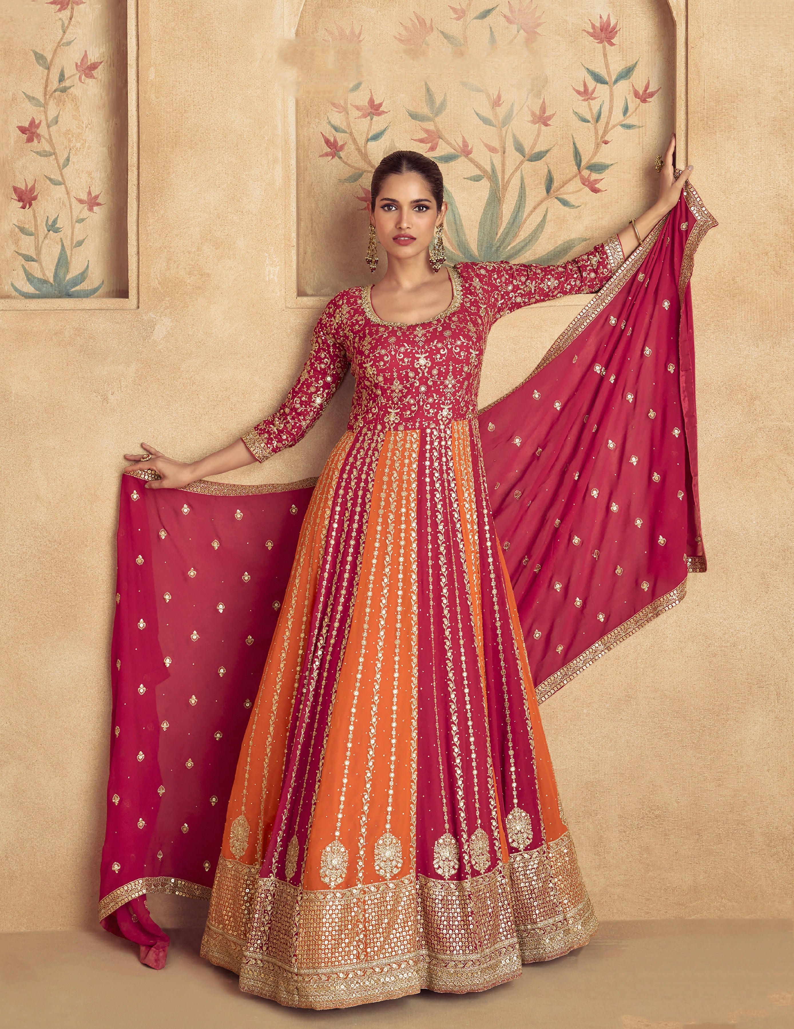 Red &amp; Orange Embroidered Georgette Anarkali Suit with Dupatta