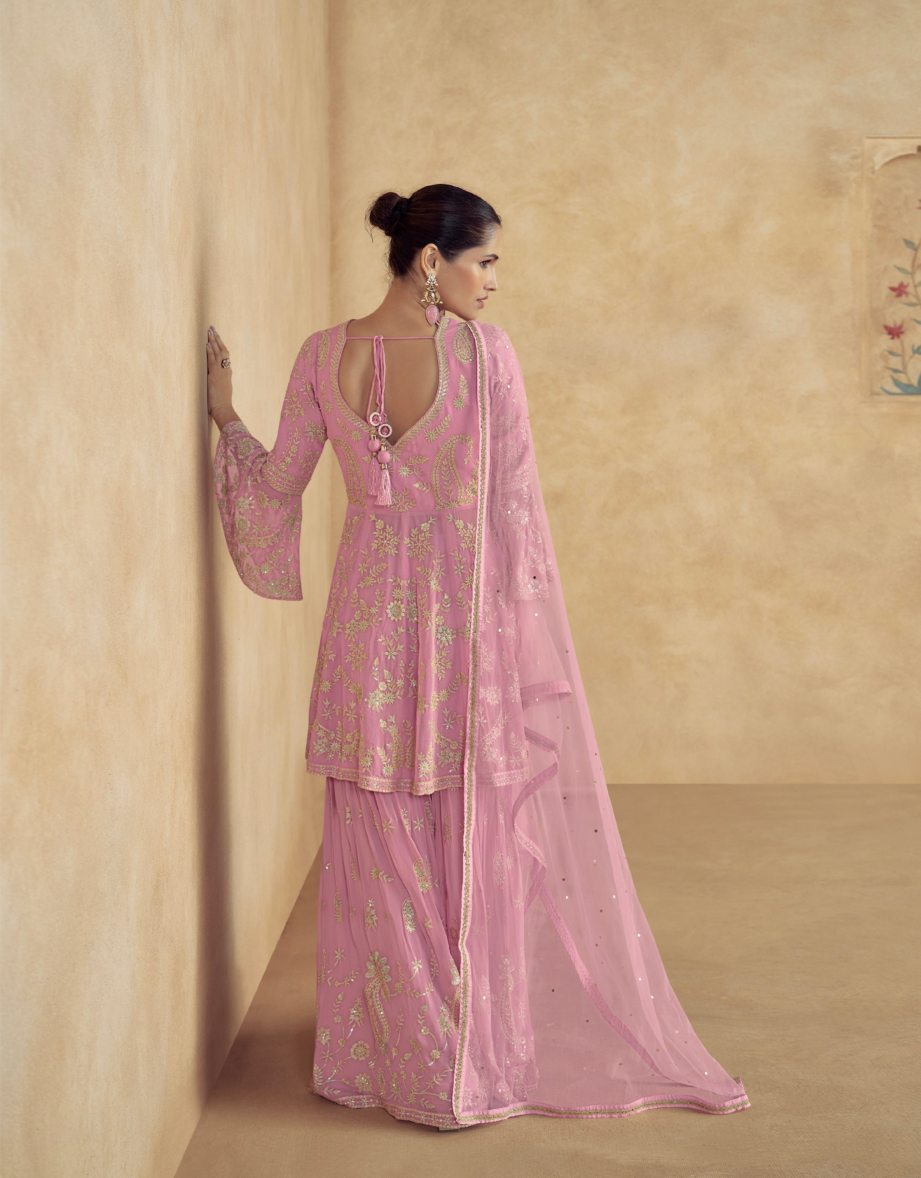 Soft Pink Embroidered Georgette Palazzo Suit with Net Dupatta