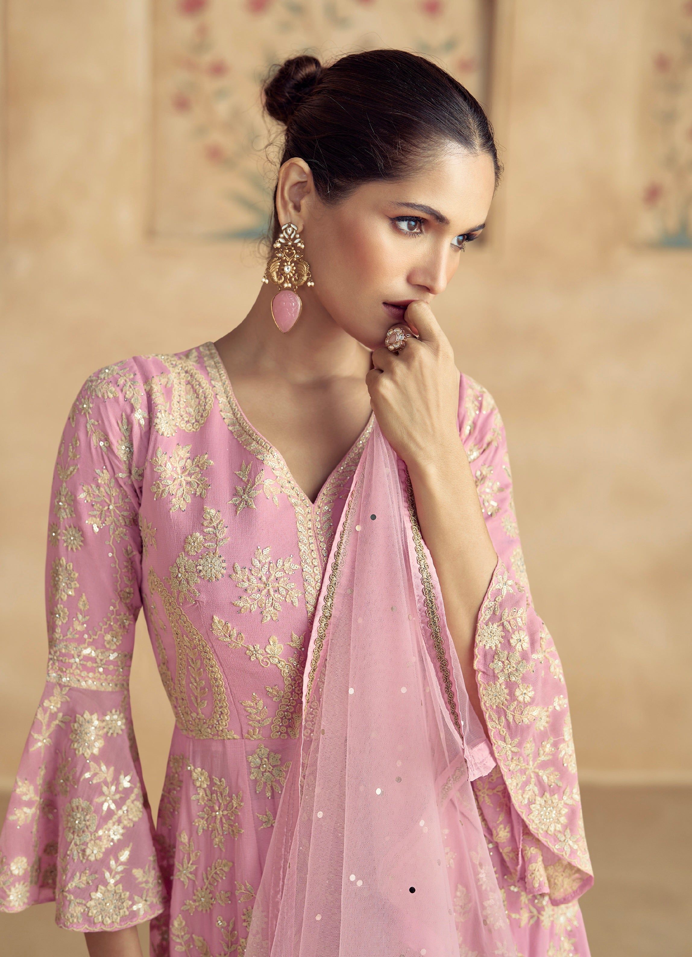 Soft Pink Embroidered Georgette Palazzo Suit with Net Dupatta