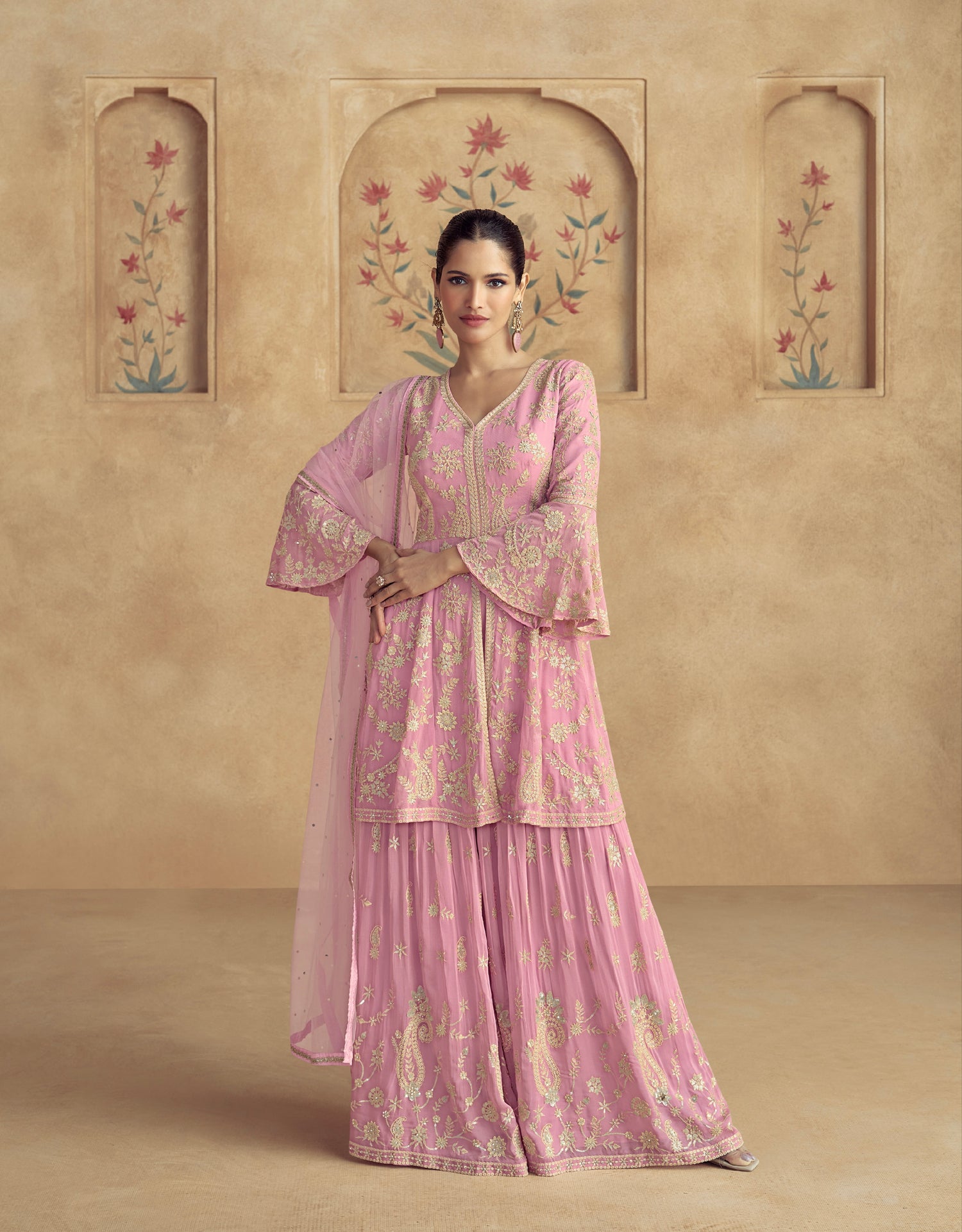 Soft Pink Embroidered Georgette Palazzo Suit with Net Dupatta