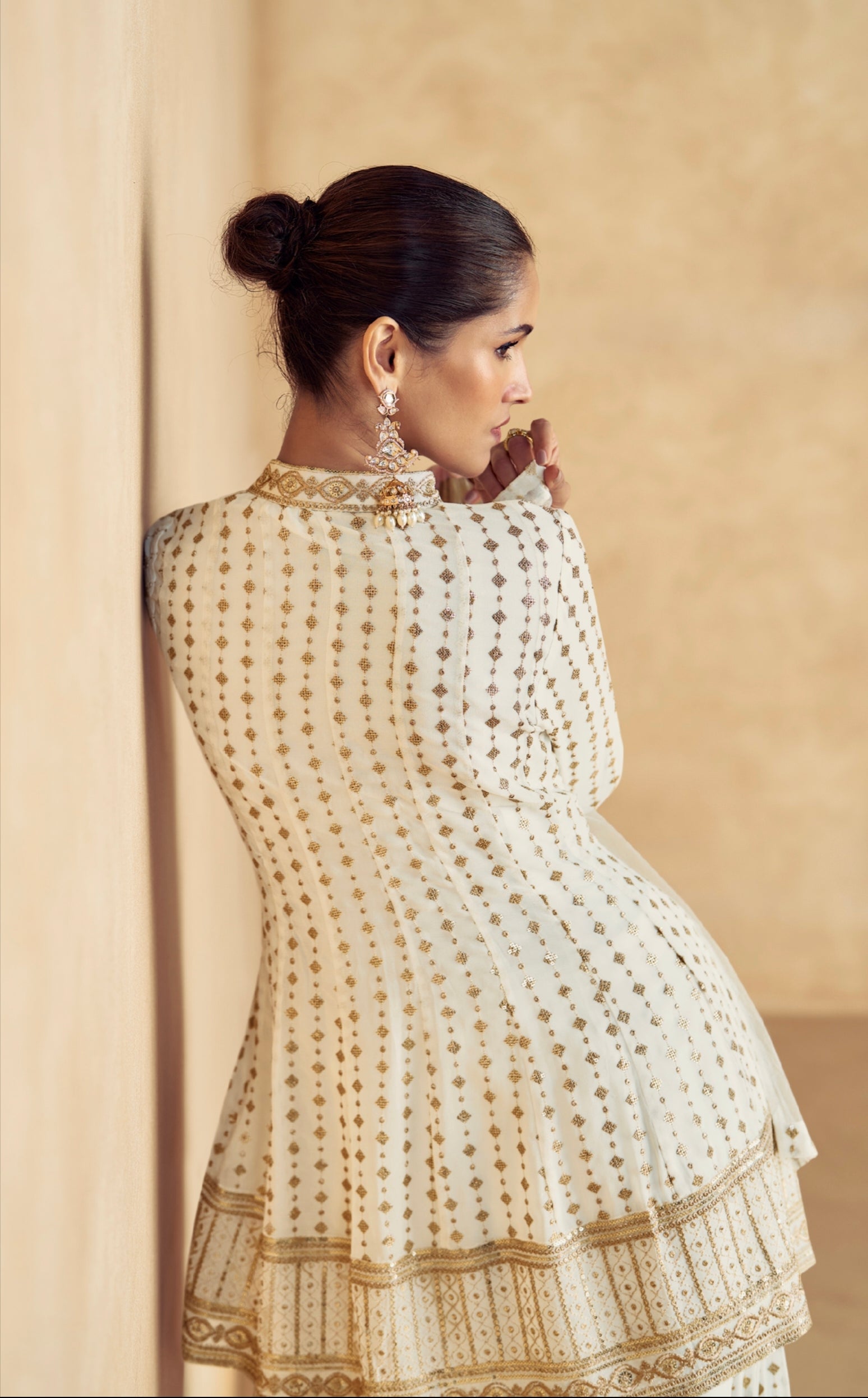 Ivory Georgette Palazzo Suit with Gold Embroidery and Dupatta