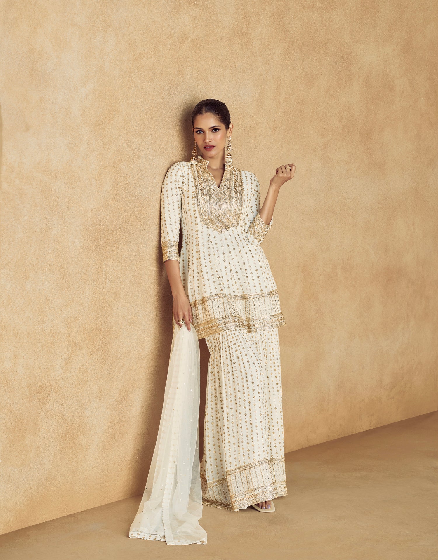 Ivory Georgette Palazzo Suit with Gold Embroidery and Dupatta