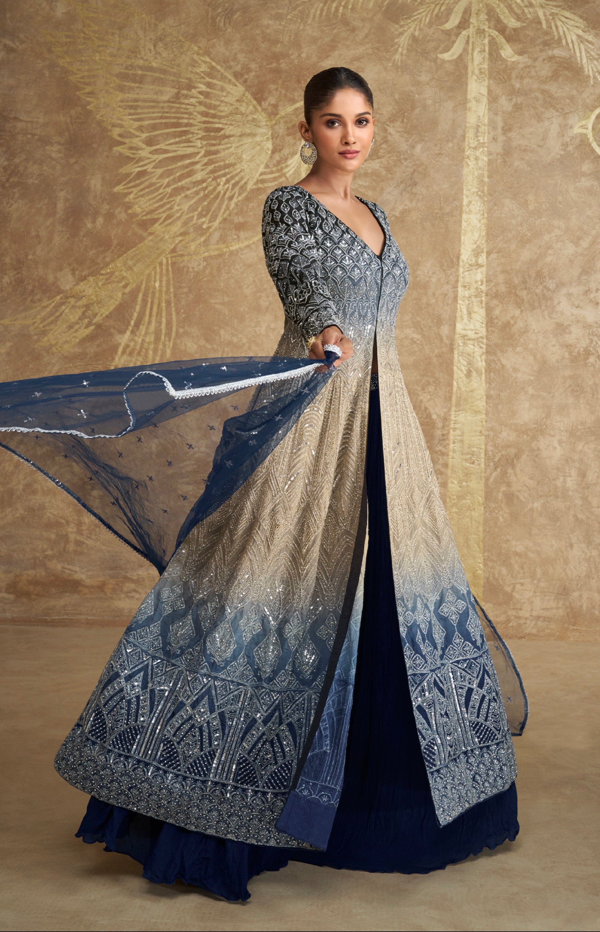 Navy Blue and Beige Indo Western Anarkali Suit with Dupatta