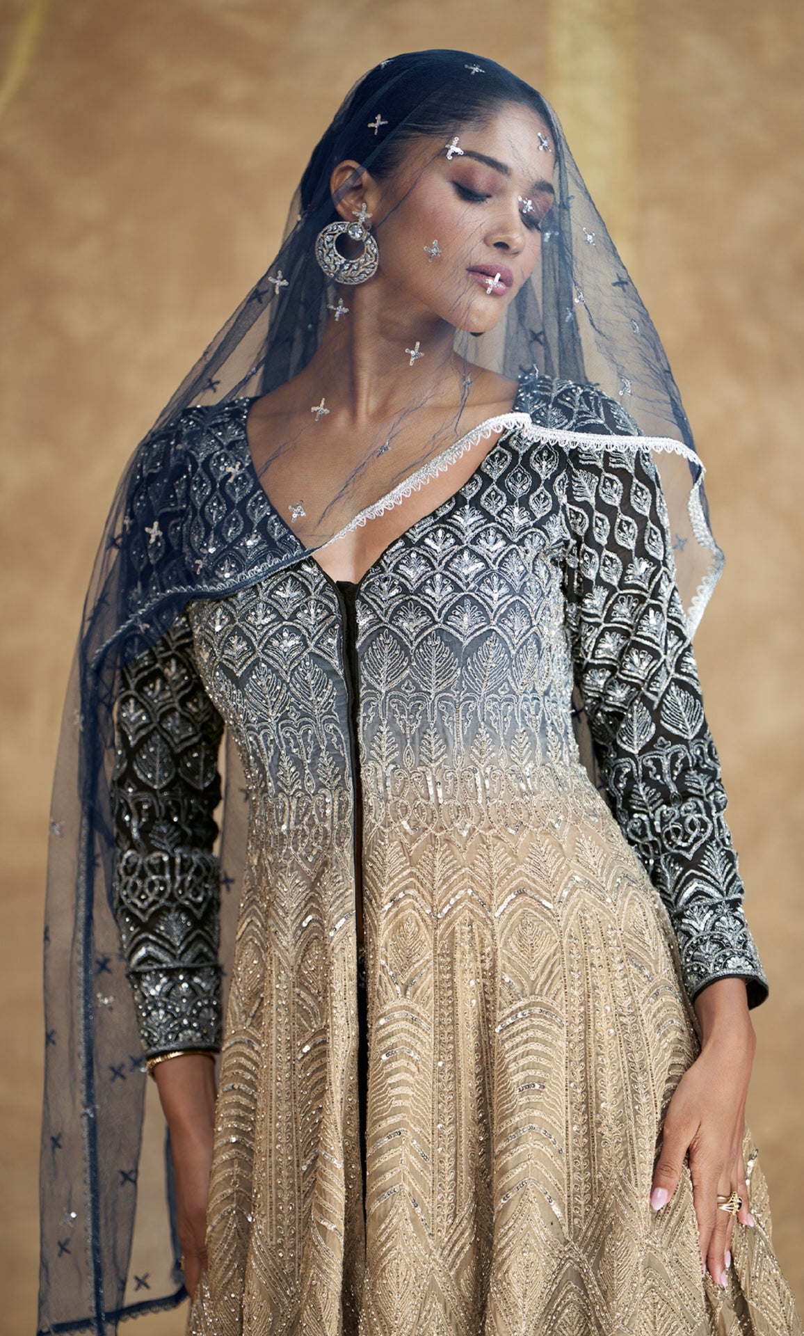 Navy Blue and Beige Indo Western Anarkali Suit with Dupatta