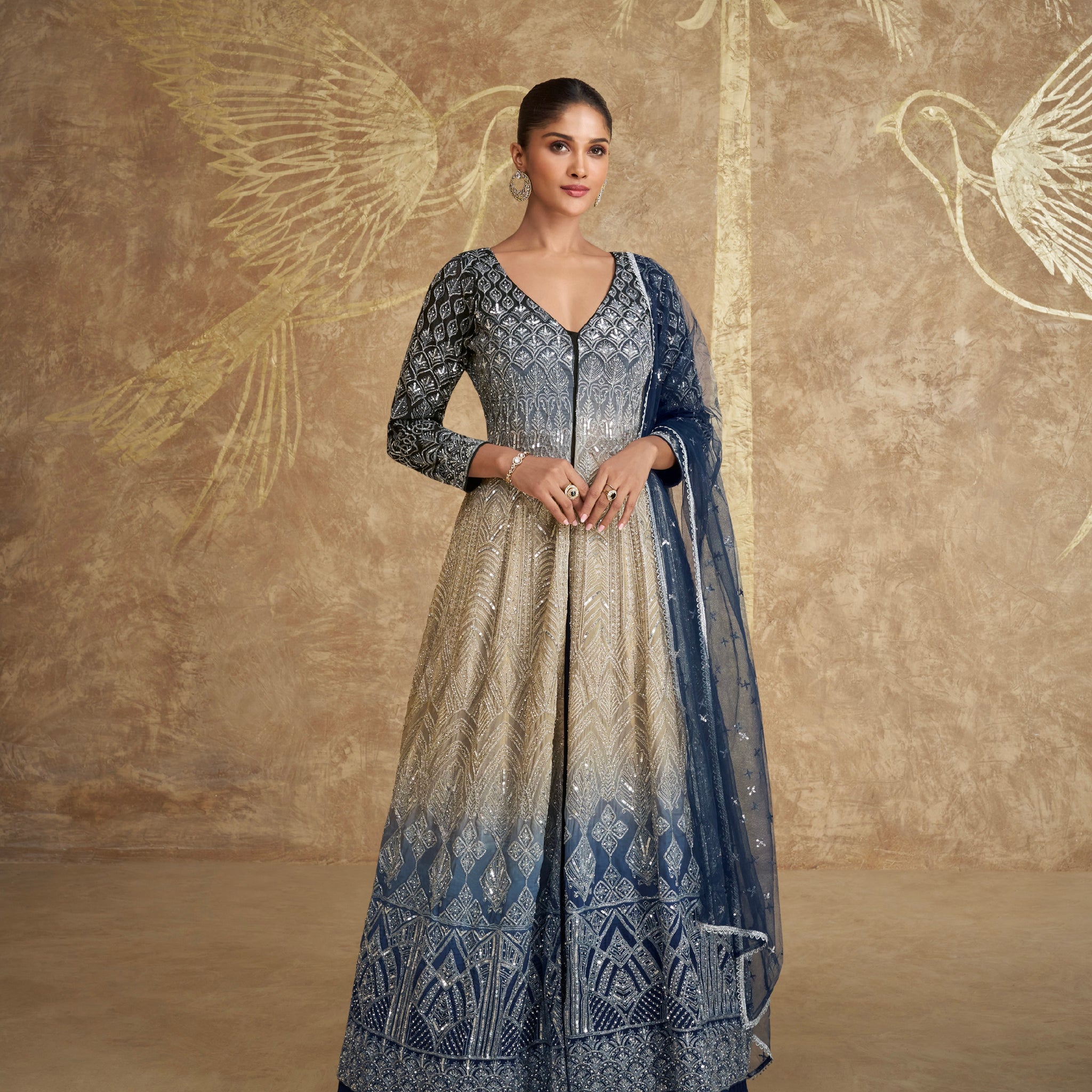 Navy Blue and Beige Indo Western Anarkali Suit with Dupatta