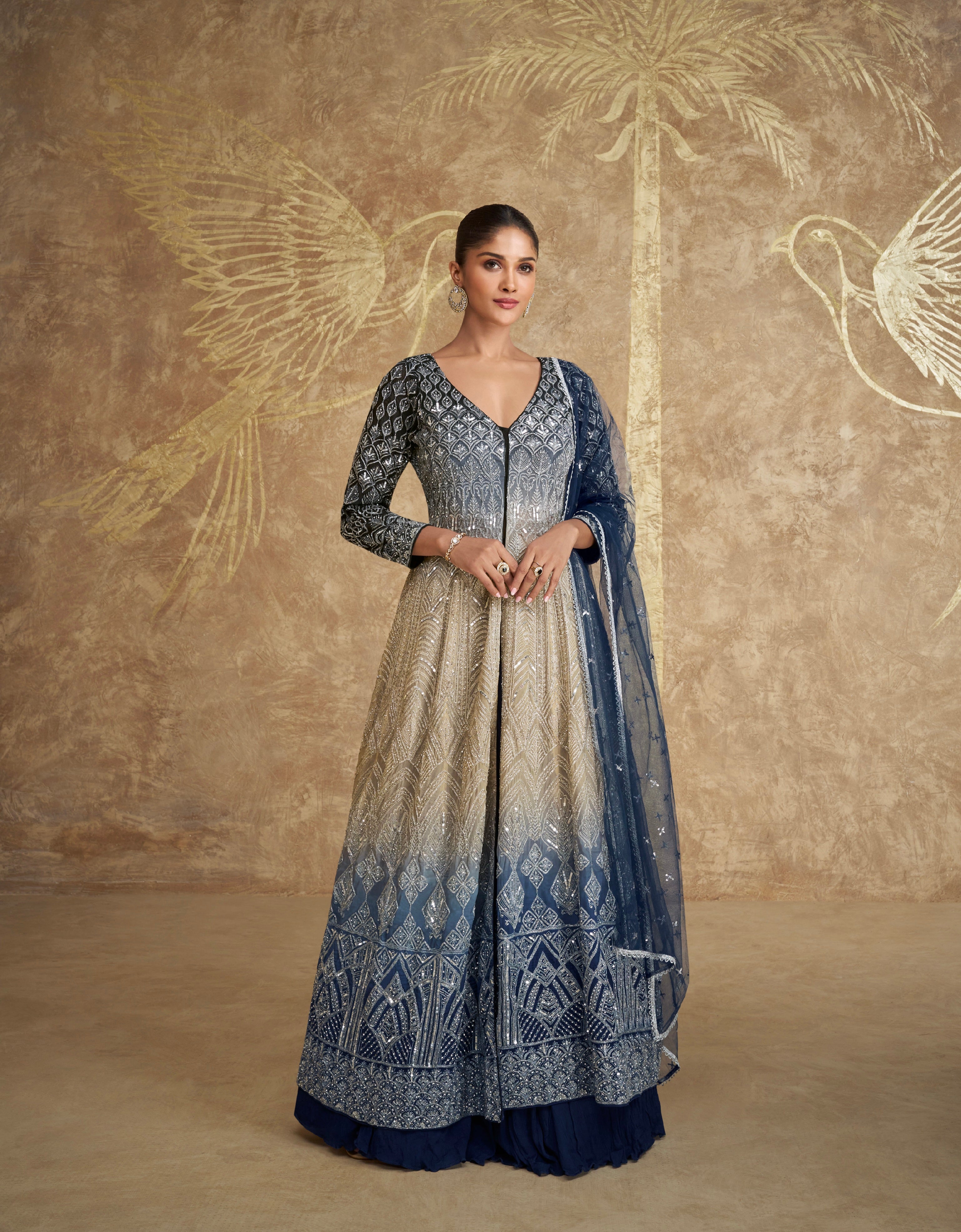 Navy Blue and Beige Indo Western Anarkali Suit with Dupatta