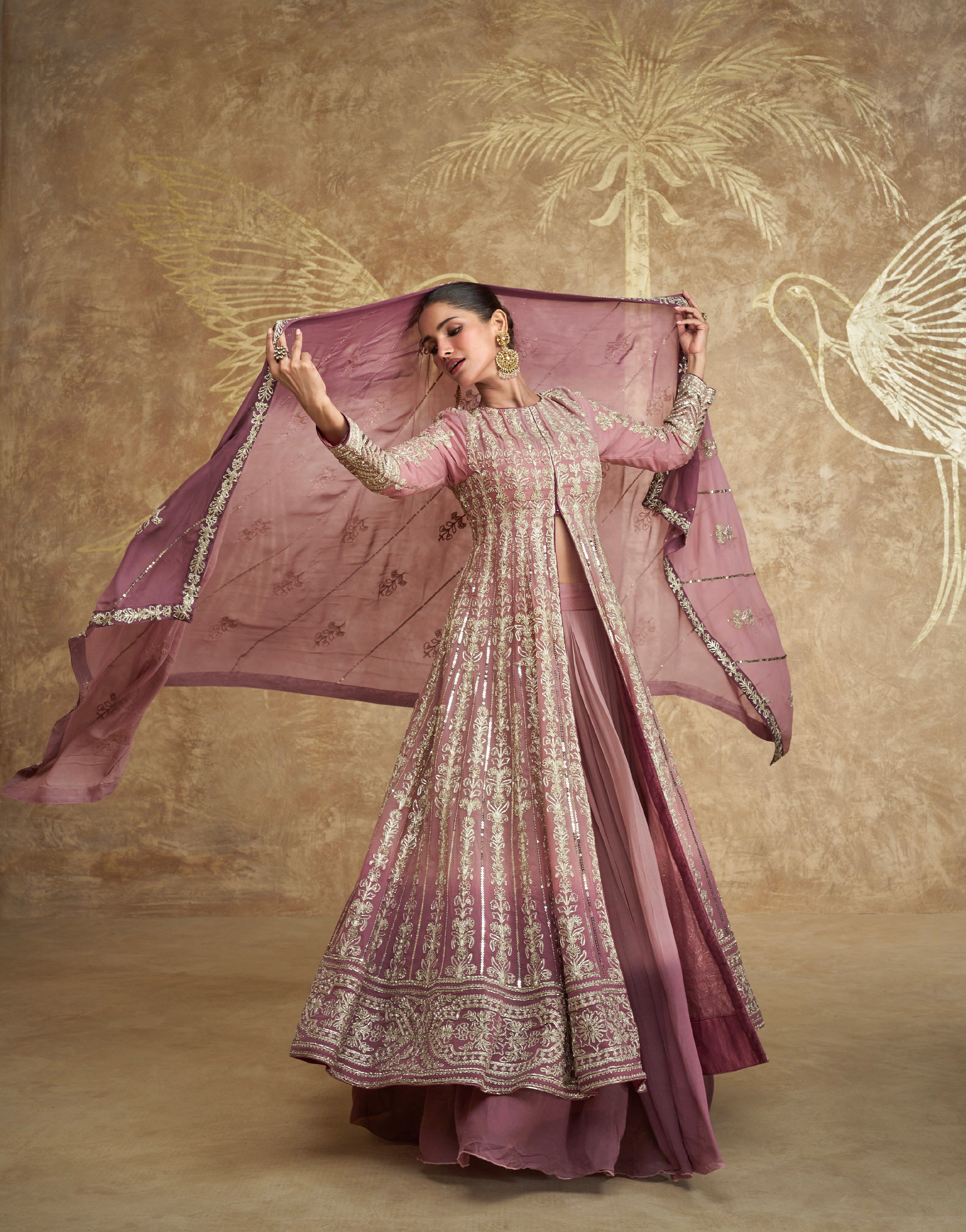 Mauve Embroidered Georgette Indo Western Anarkali with Dupatta