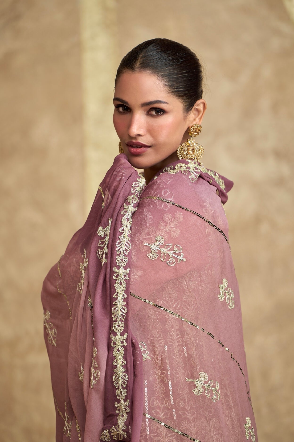 Mauve Embroidered Georgette Indo Western Anarkali with Dupatta