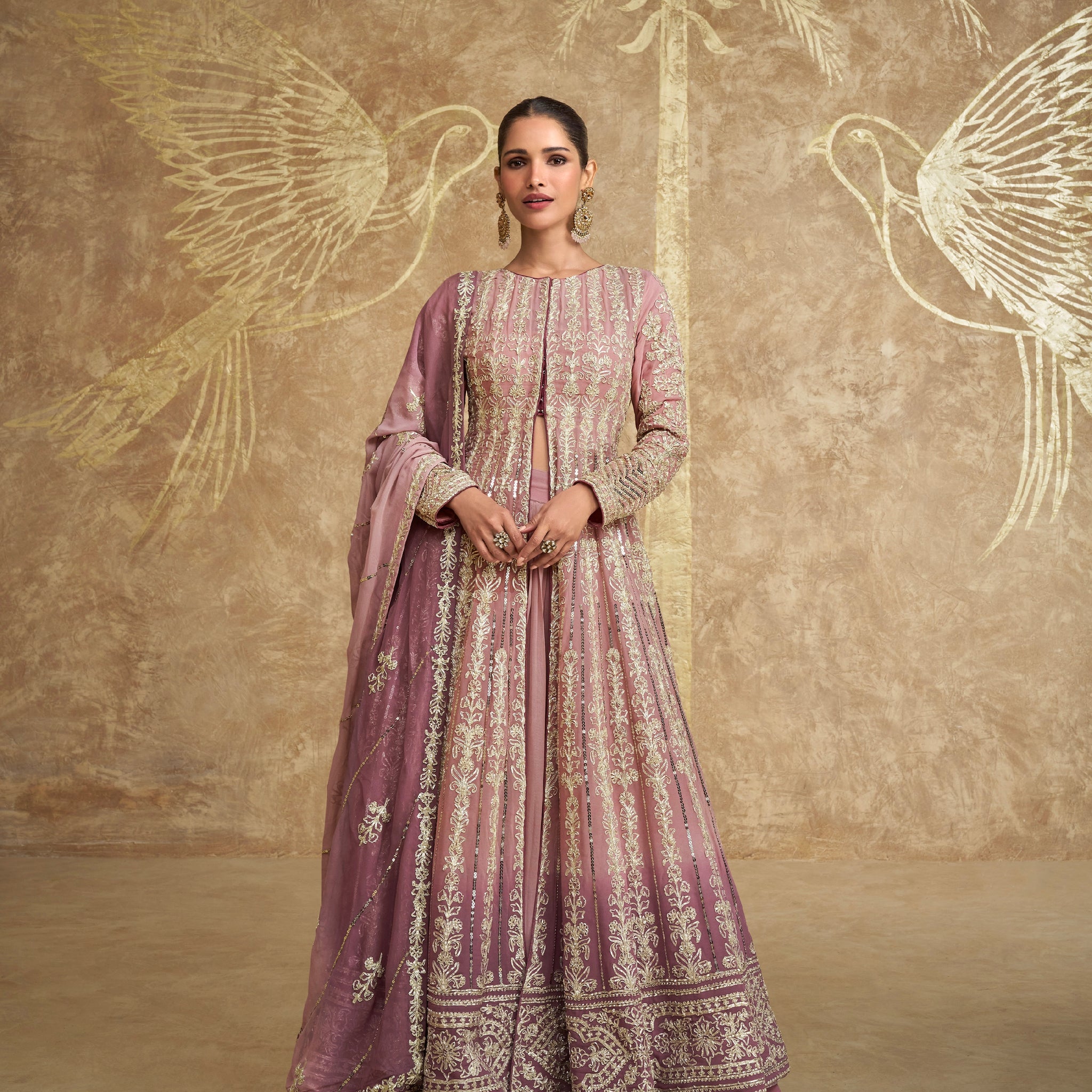 Mauve Embroidered Georgette Indo Western Anarkali with Dupatta