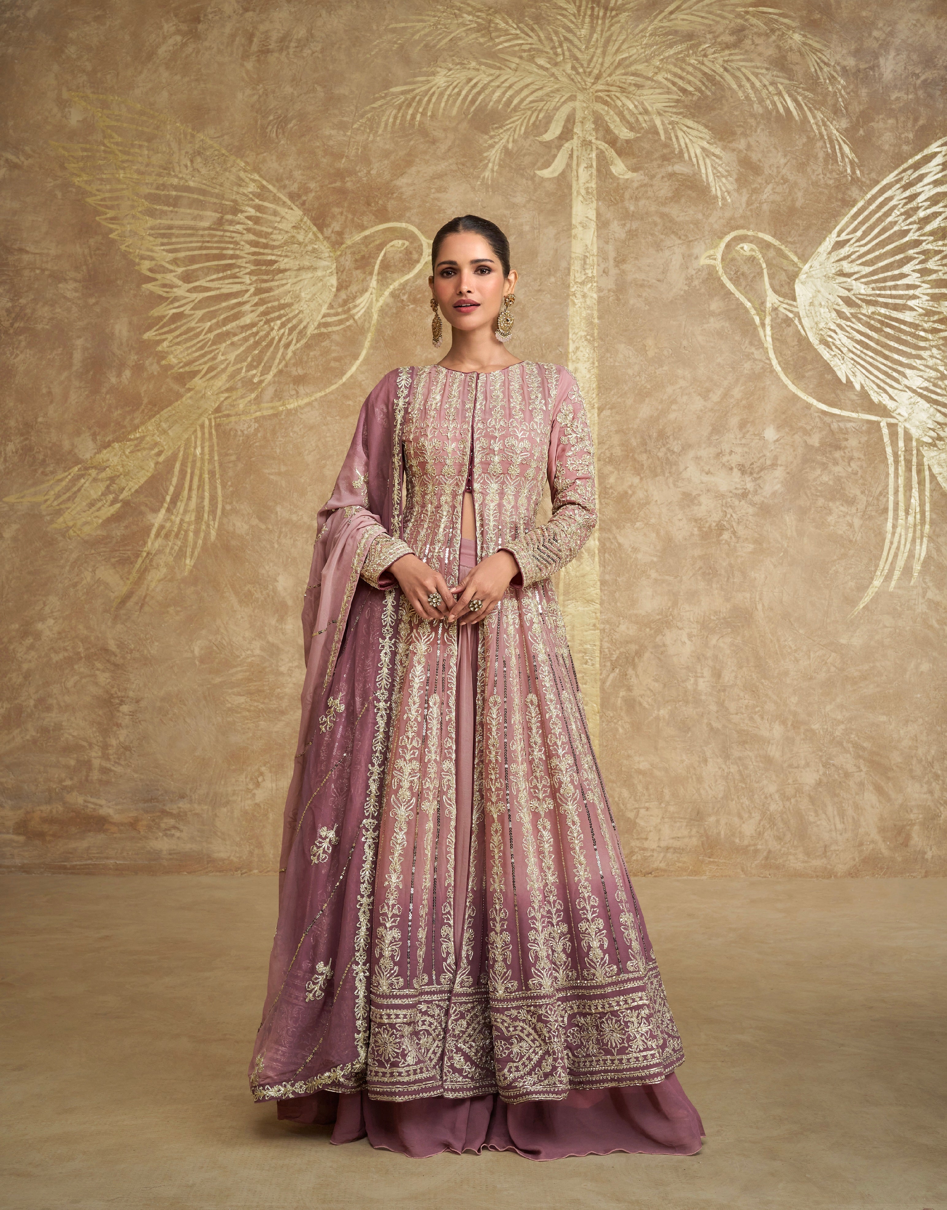 Mauve Embroidered Georgette Indo Western Anarkali with Dupatta