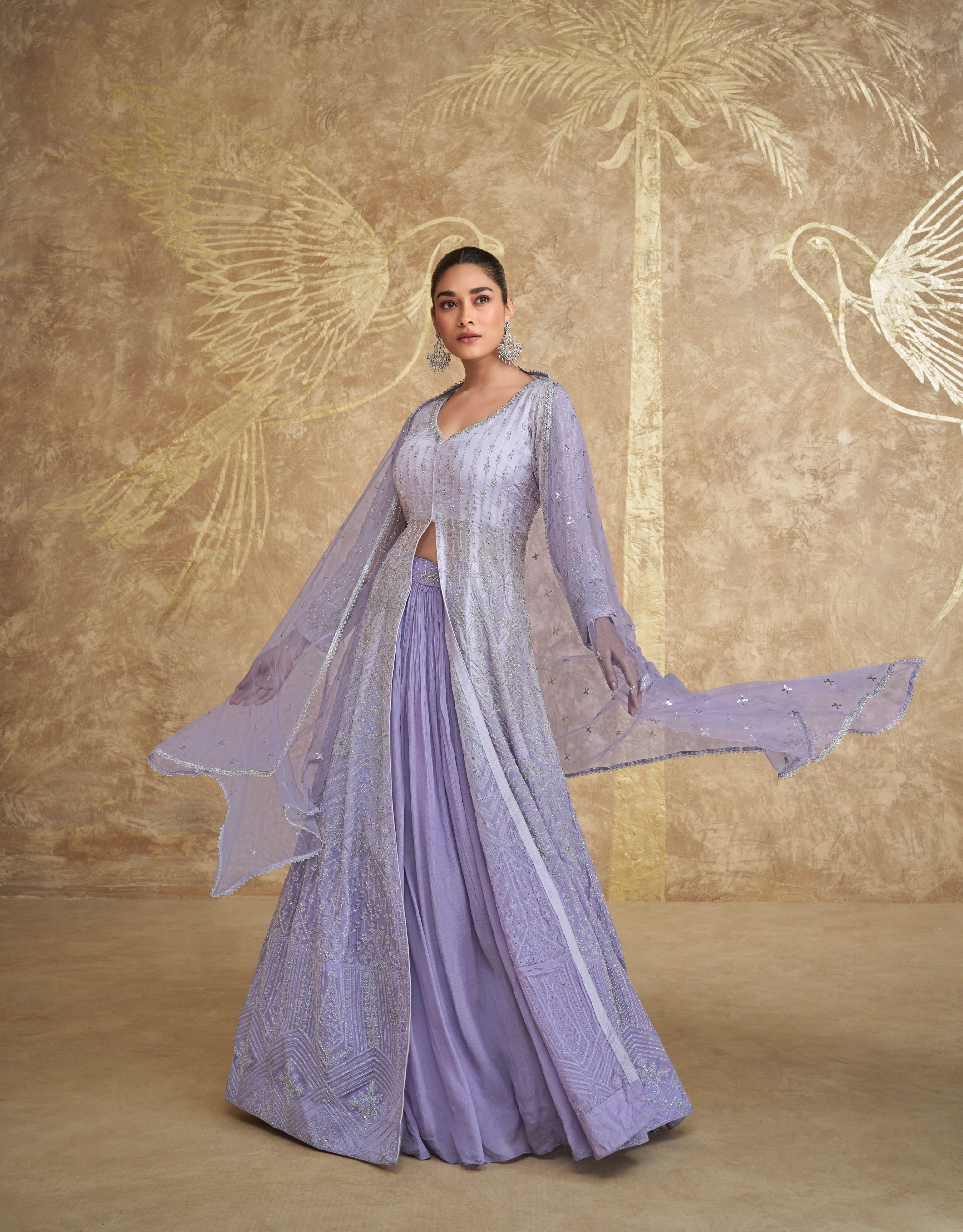 Lavender Embroidered Indo Western Georgette Anarkali with Dupatta