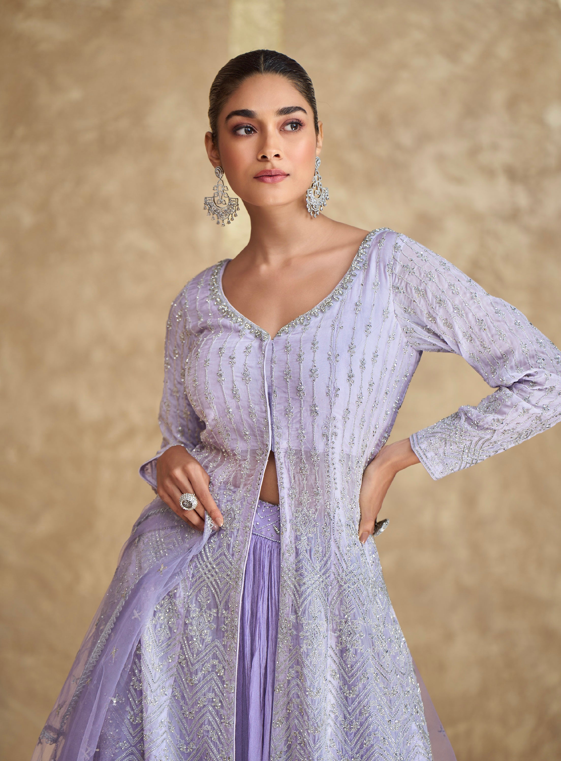 Lavender Embroidered Indo Western Georgette Anarkali with Dupatta