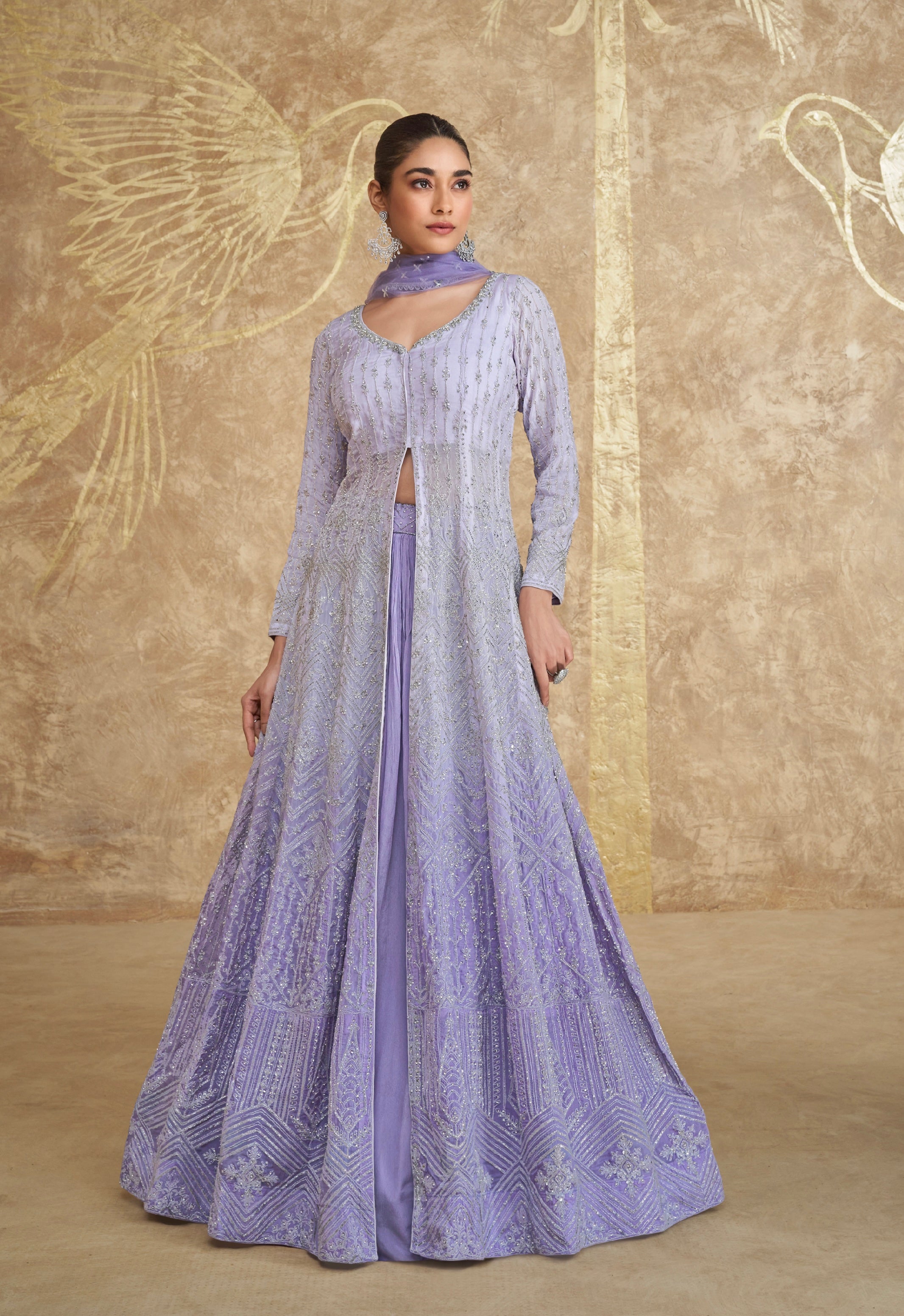 Lavender Embroidered Indo Western Georgette Anarkali with Dupatta